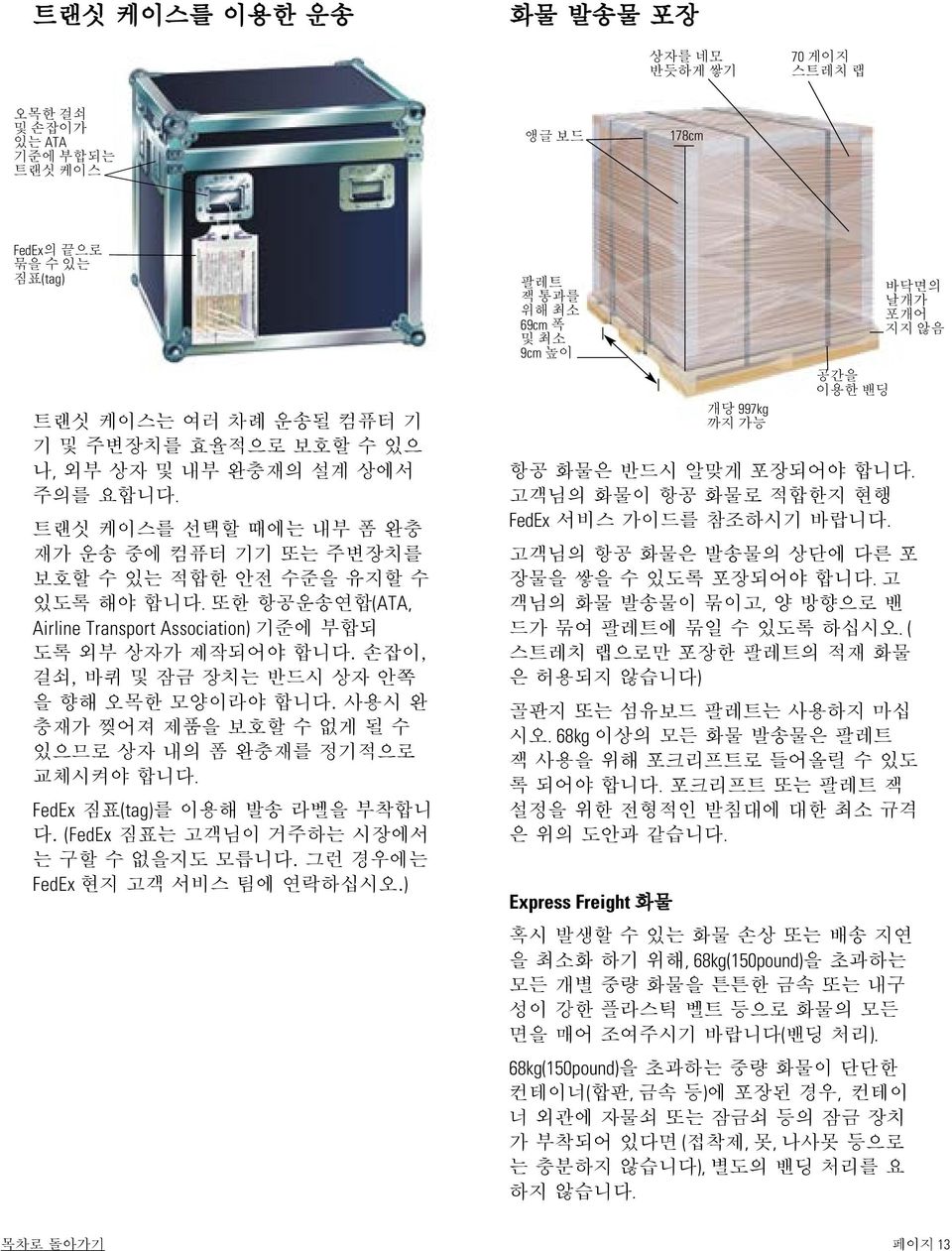 손잡이, 걸쇠, 바퀴 및 잠금 장치는 반드시 상자 안쪽 을 향해 오목한 모양이라야 합니다. 사용시 완 충재가 찢어져 제품을 보호할 수 없게 될 수 있으므로 상자 내의 폼 완충재를 정기적으로 교체시켜야 합니다. FedEx 짐표(tag)를 이용해 발송 라벨을 부착합니 다. (FedEx 짐표는 고객님이 거주하는 시장에서 는 구할 수 없을지도 모릅니다.