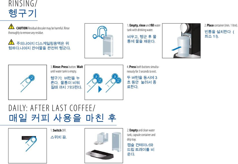 Rinse: Press button. Wait until water tank is empty. 헹구기: 버턴을 누 른다. 물통이 비워 질때 까지 기다린다. 4. Press both buttons simultaneously for 3 seconds to exit.