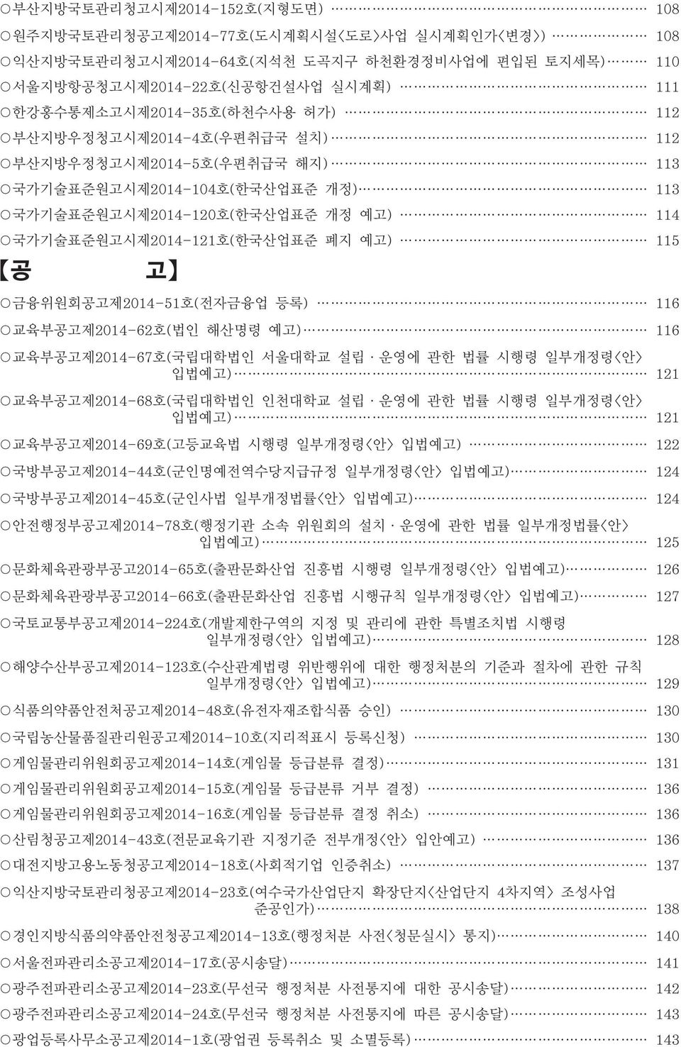 금융위원회공고제2014-51호(전자금융업 등록) 116 교육부공고제2014-62호(법인 해산명령 예고) 116 교육부공고제2014-67호(국립대학법인 서울대학교 설립 운영에 관한 법률 시행령 일부개정령<안> 입법예고) 121 교육부공고제2014-68호(국립대학법인 인천대학교 설립 운영에 관한 법률 시행령 일부개정령<안> 입법예고) 121