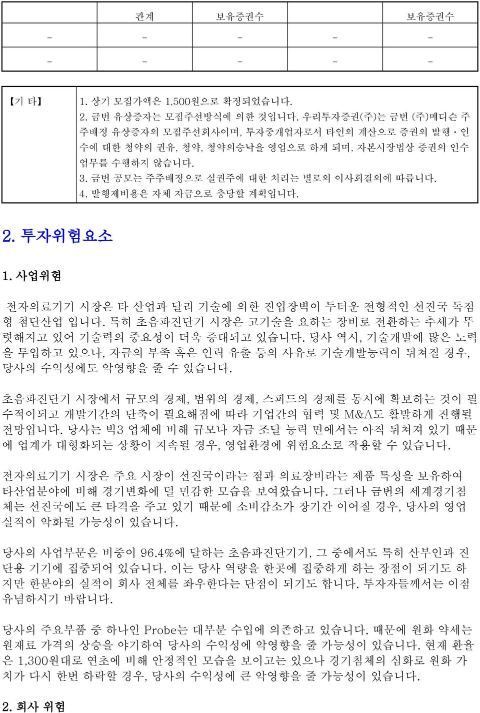 발행제비용은 자체 자금으로 충당할 계획입니다. 2. 투자위험요소 1. 사업위험 전자의료기기 시장은 타 산업과 달리 기술에 의한 진입장벽이 두터운 전형적인 선진국 독점 형 첨단산업 입니다. 특히 초음파진단기 시장은 고기술을 요하는 장비로 전환하는 추세가 뚜 렷해지고 있어 기술력의 중요성이 더욱 증대되고 있습니다.