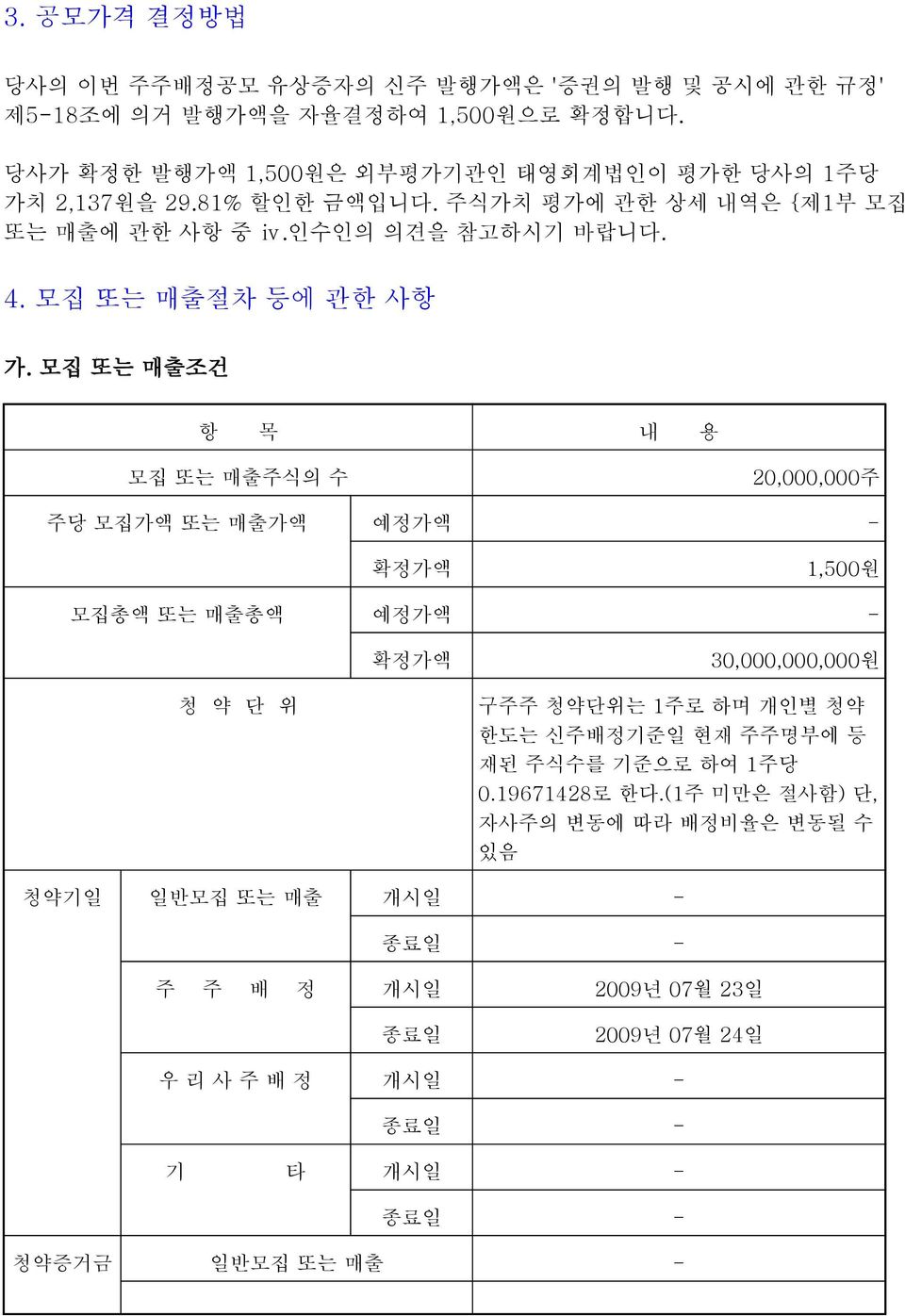 모집 또는 매출절차 등에 관한 사항 가.