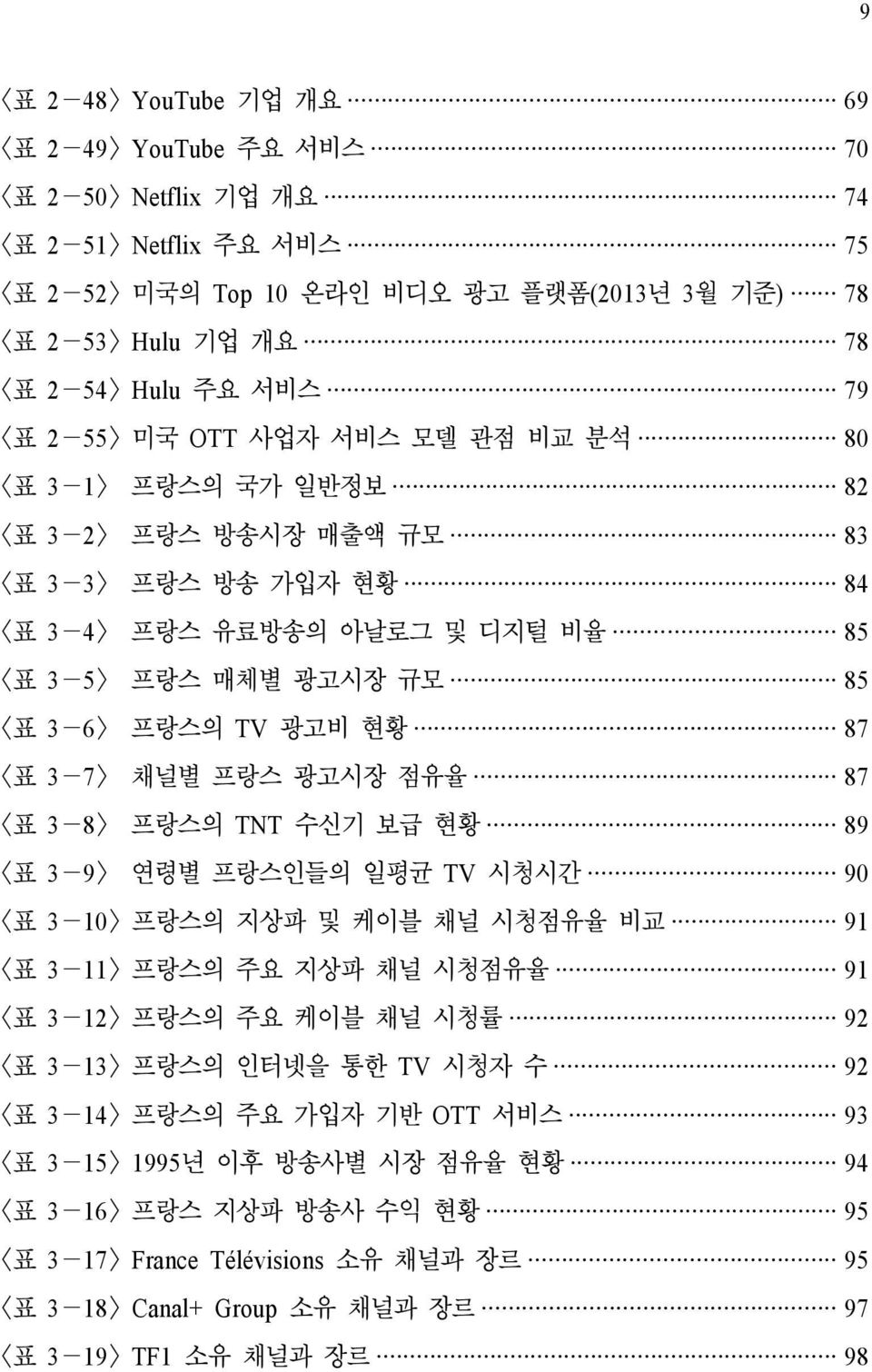 광고비 현황 87 <표 3-7> 채널별 프랑스 광고시장 점유율 87 <표 3-8> 프랑스의 TNT 수신기 보급 현황 89 <표 3-9> 연령별 프랑스인들의 일평균 TV 시청시간 90 <표 3-10> 프랑스의 지상파 및 케이블 채널 시청점유율 비교 91 <표 3-11> 프랑스의 주요 지상파 채널 시청점유율 91 <표 3-12> 프랑스의 주요 케이블 채널