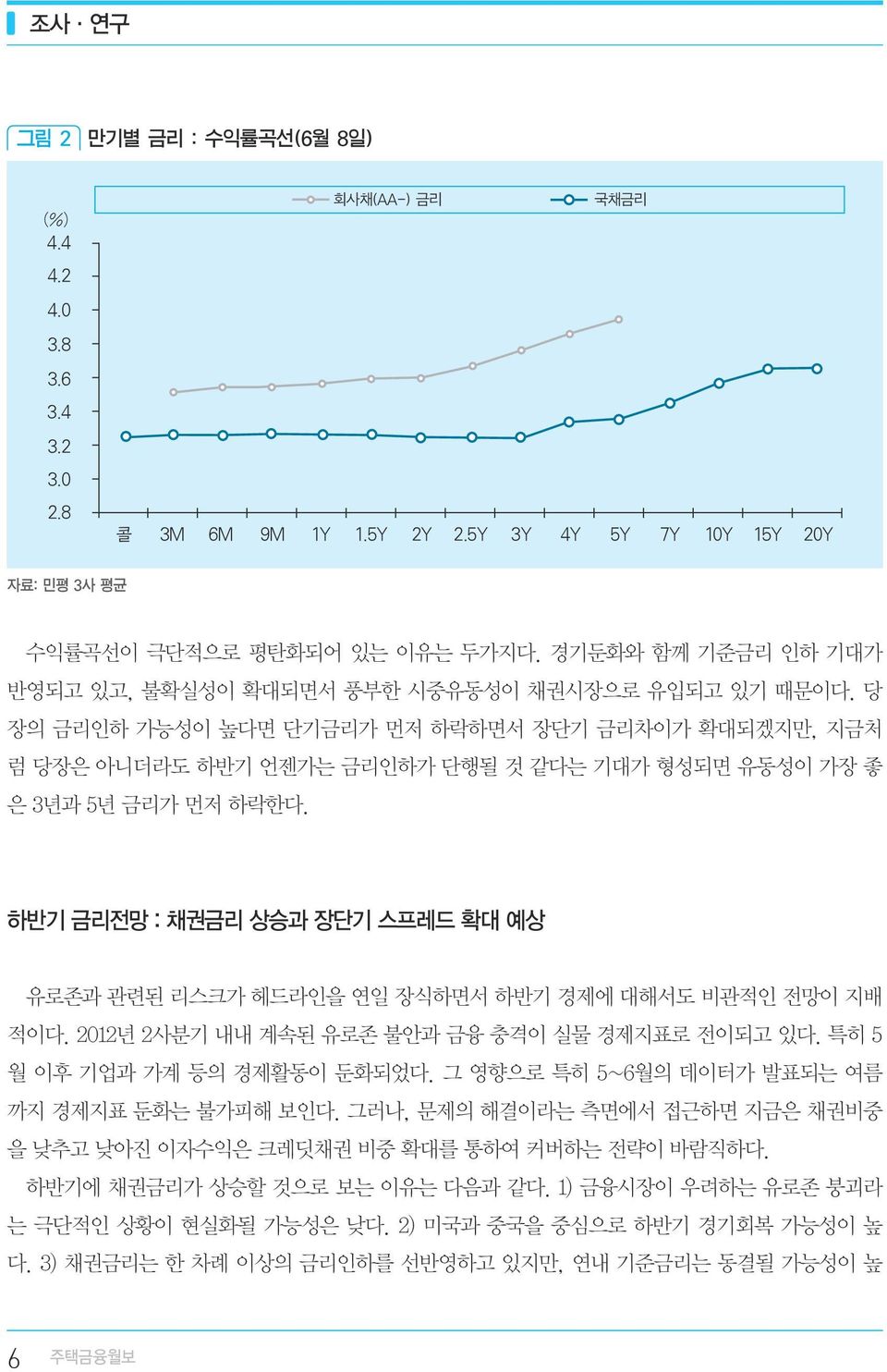 당 장의 금리인하 가능성이 높다면 단기금리가 먼저 하락하면서 장단기 금리차이가 확대되겠지만, 지금처 럼 당장은 아니더라도 하반기 언젠가는 금리인하가 단행될 것 같다는 기대가 형성되면 유동성이 가장 좋 은 3년과 5년 금리가 먼저 하락한다.