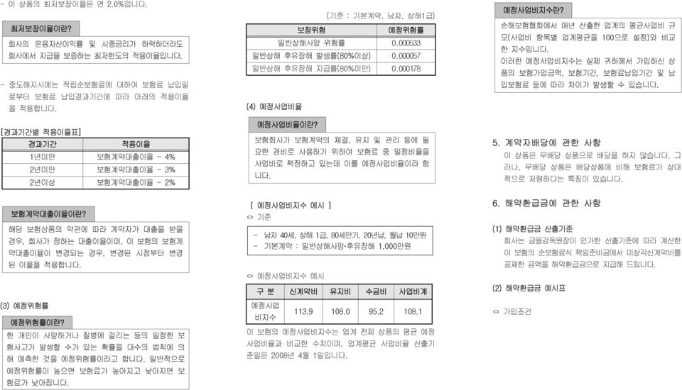 (3) 예정위험률 예정위험률이란? 한 개인이 사망하거나 질병에 걸리는 등의 일정한 보 험사고가 발생할 수가 있는 확률을 대수의 법칙에 의 해 예측한 것을 예정위험률이라고 합니다. 일반적으로 예정위험률이 높으면 보험료가 높아지고 낮아지면 보 험료가 낮아집니다. 보장위험 ( 기준 : 기본, 남자, 상해1 급) 예정위험률 일반상해사망 위험률 0.