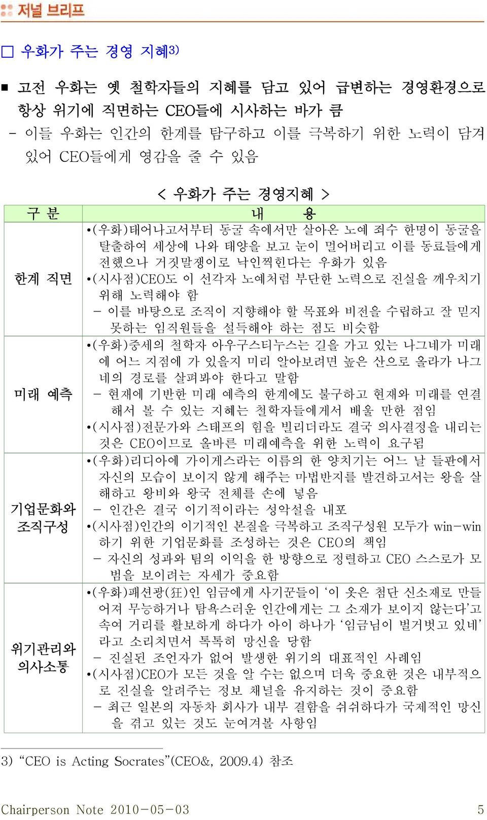 아우구스티누스는 길을 가고 있는 나그네가 미래 에 어느 지점에 가 있을지 미리 알아보려면 높은 산으로 올라가 나그 네의 경로를 살펴봐야 한다고 말함 미래 예측 현재에 기반한 미래 예측의 한계에도 불구하고 현재와 미래를 연결 해서 볼 수 있는 지혜는 철학자들에게서 배울 만한 점임 ( 시사점) 전문가와 스태프의 힘을 빌리더라도 결국 의사결정을 내리는 것은