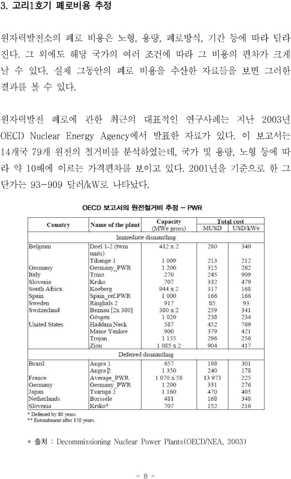 실제 그동안의 폐로 비용을 추산한 자료들을 보면 그러한 원자력발전 폐로에 관한 최근의 대표적인 연구사례는 지난 2003년 OECD Nuclear Energy Agency 에서 발표한