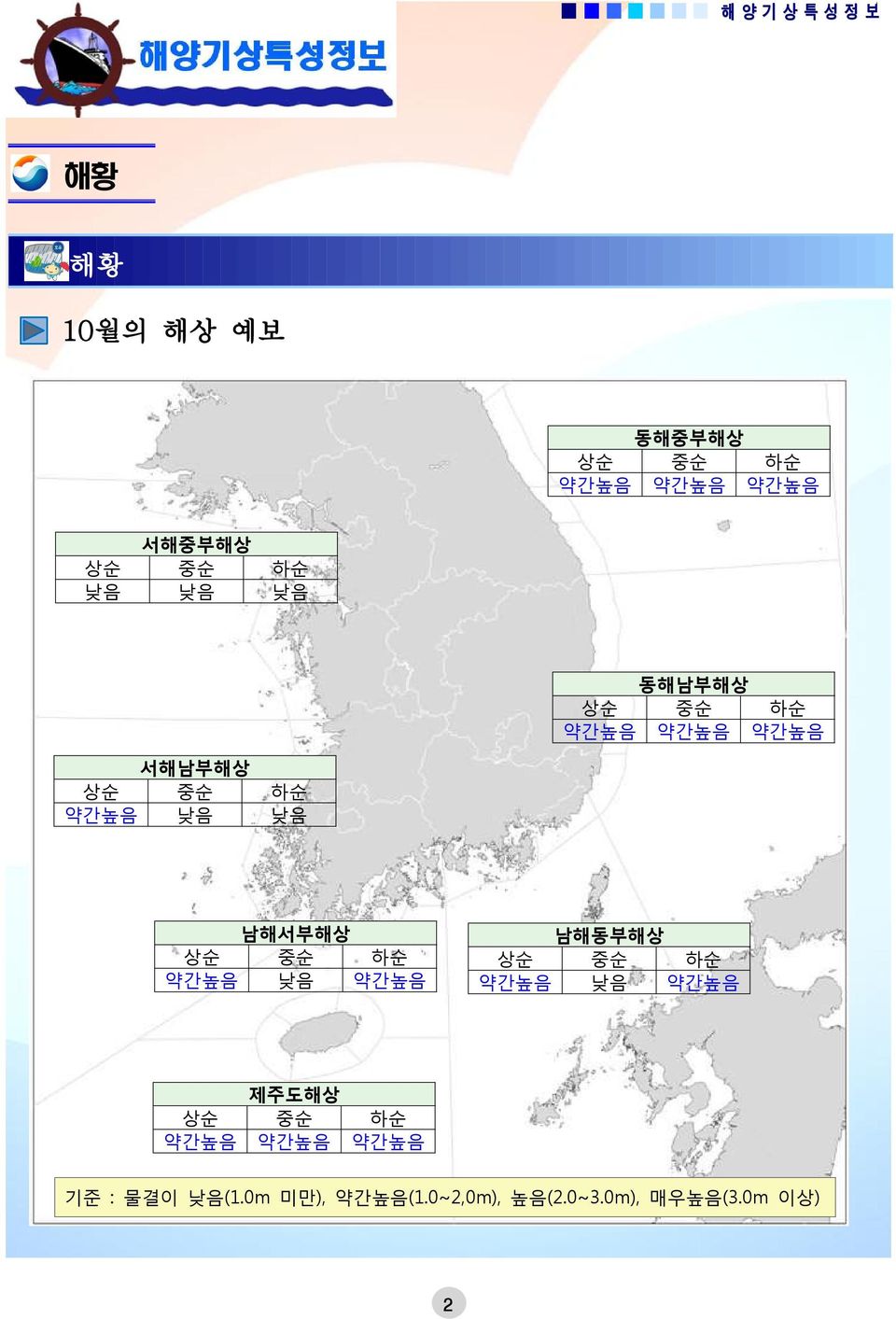 남해서부해상 상순 중순 하순 약간높음 낮음 약간높음 남해동부해상 상순 중순 하순 약간높음 낮음 약간높음 제주도해상 상순 중순 하순