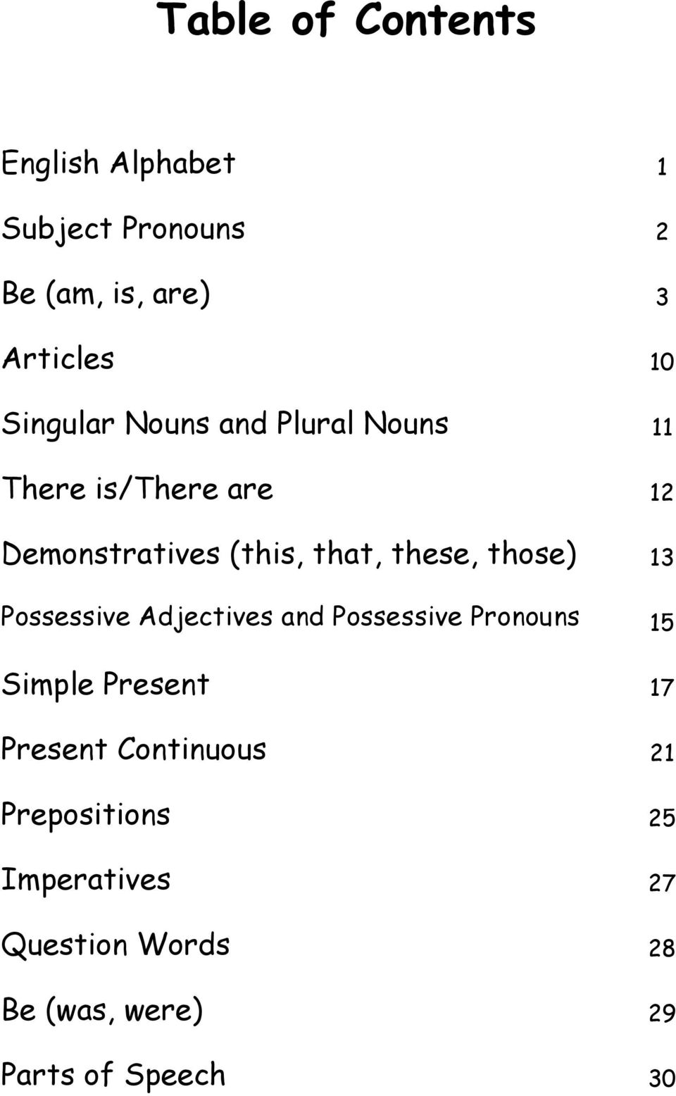 these, those) 13 Possessive Adjectives and Possessive Pronouns 15 Simple Present 17