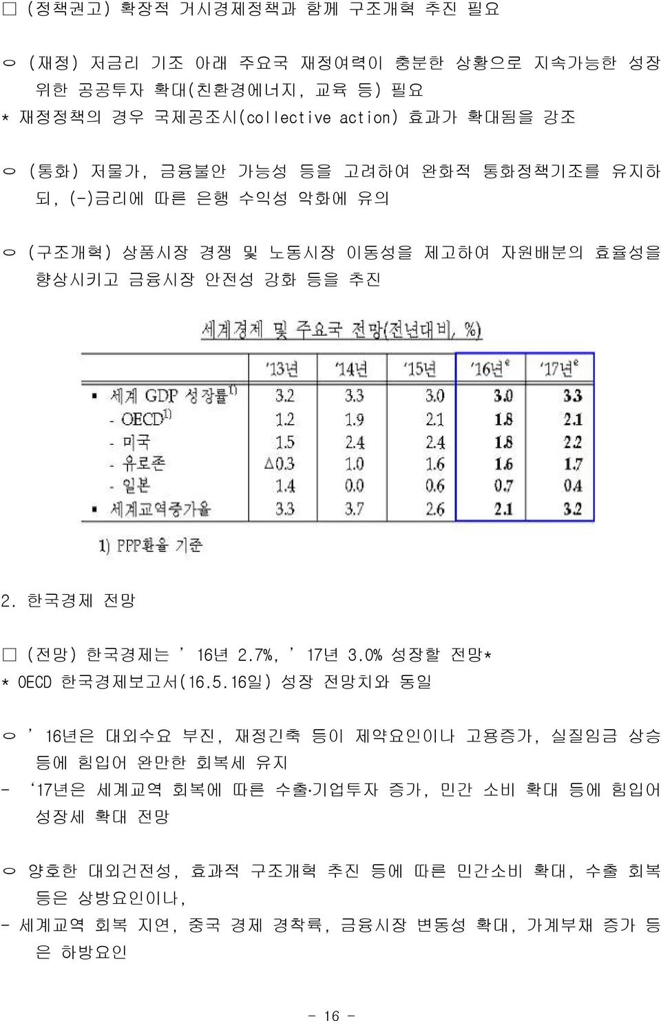 한국경제 전망 (전망) 한국경제는 16년 2.7%, 17년 3.0% 성장할 전망* * OECD 한국경제보고서(16.5.
