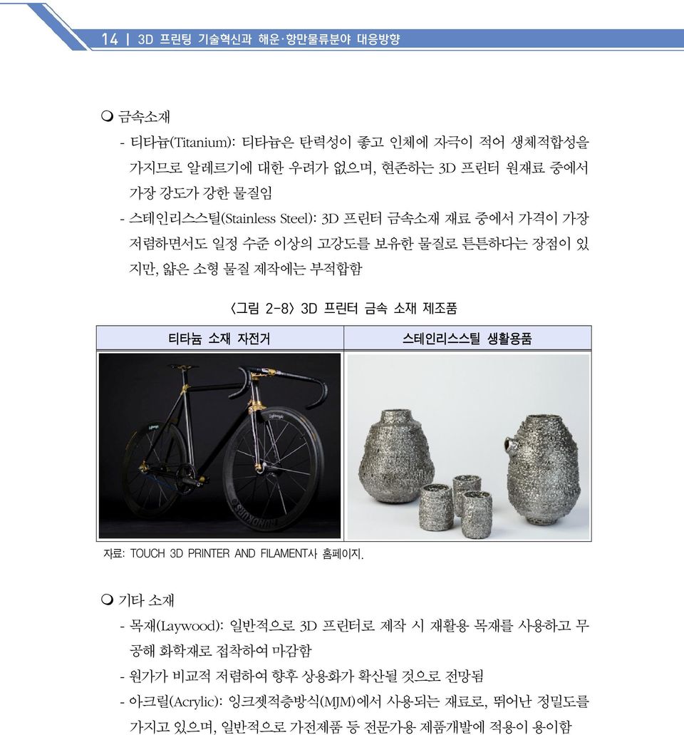 프린터 금속 소재 제조품 티타늄 소재 자전거 스테인리스스틸 생활용품 자료: TOUCH 3D PRINTER AND FILAMENT사 홈페이지.