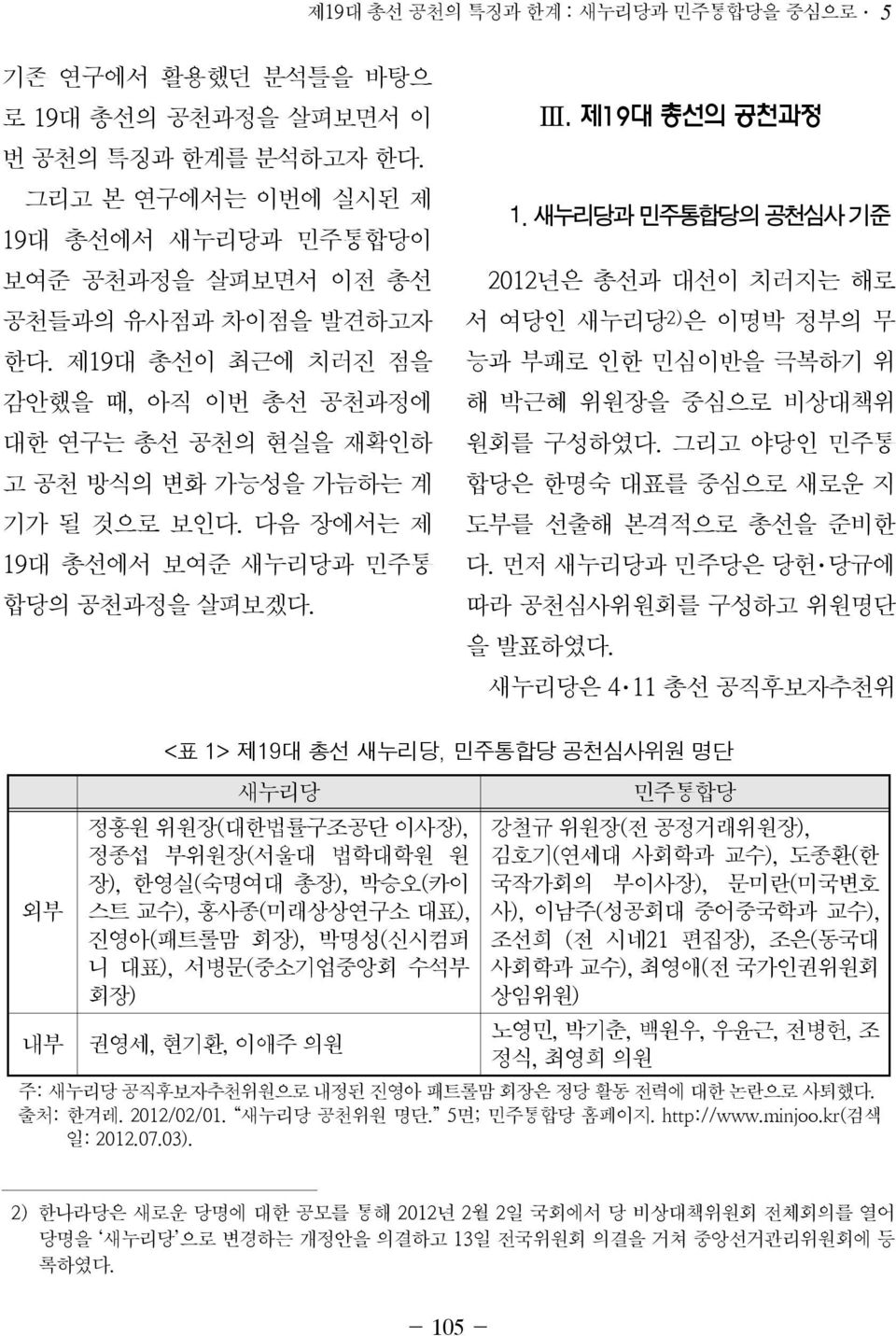 다음 장에서는 제 19대 총선에서 보여준 새누리당과 민주통 합당의 공천과정을 살펴보겠다. III. 제19 대 총선의 공천과정 1. 새누리당과 민주통합당의 공천심사 기준 2012년은 총선과 대선이 치러지는 해로 서 여당인 새누리당 2) 은 이명박 정부의 무 능과 부패로 인한 민심이반을 극복하기 위 해 박근혜 위원장을 중심으로 비상대책위 원회를 구성하였다.