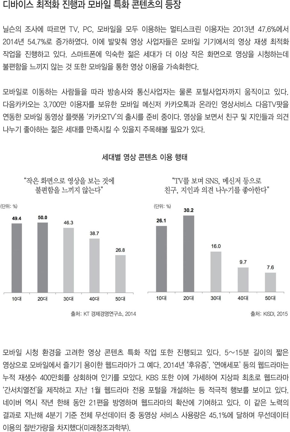 다음카카오는 3,700만 이용자를 보유한 모바일 메신저 카카오톡과 온라인 영상서비스 다음TV팟을 연동한 모바일 동영상 플랫폼 카카오TV 의 출시를 준비 중이다. 영상을 보면서 친구 및 지인들과 의견 나누기 좋아하는 젊은 세대를 만족시킬 수 있을지 주목해볼 필요가 있다.