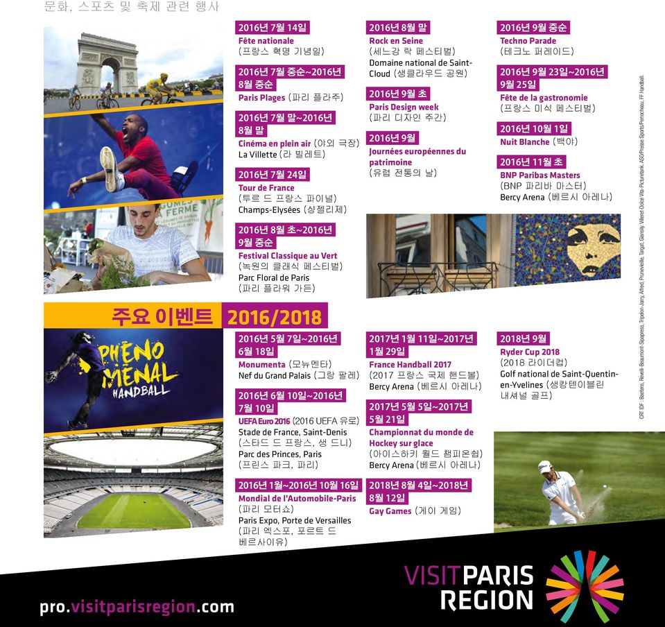 (모뉴멘타) Nef du Grand Palais (그랑 팔레) 2016년 6월 10일~2016년 7월 10일 UEFA Euro 2016 (2016 UEFA 유로) Stade de France, Saint-Denis (스타드 드 프랑스, 생 드니) Parc des Princes, Paris (프린스 파크, 파리) 2016년 8월 말 Rock en Seine