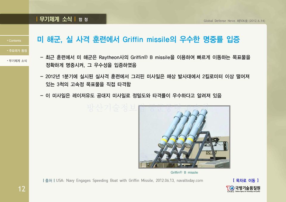 14) 미 해군, 실 사격 훈련에서 Griffin missile의 우수한 명중률 입증 - 최근 훈련에서 미 해군은 Raytheon사의 Griffin B missile을 이용하여 빠르게