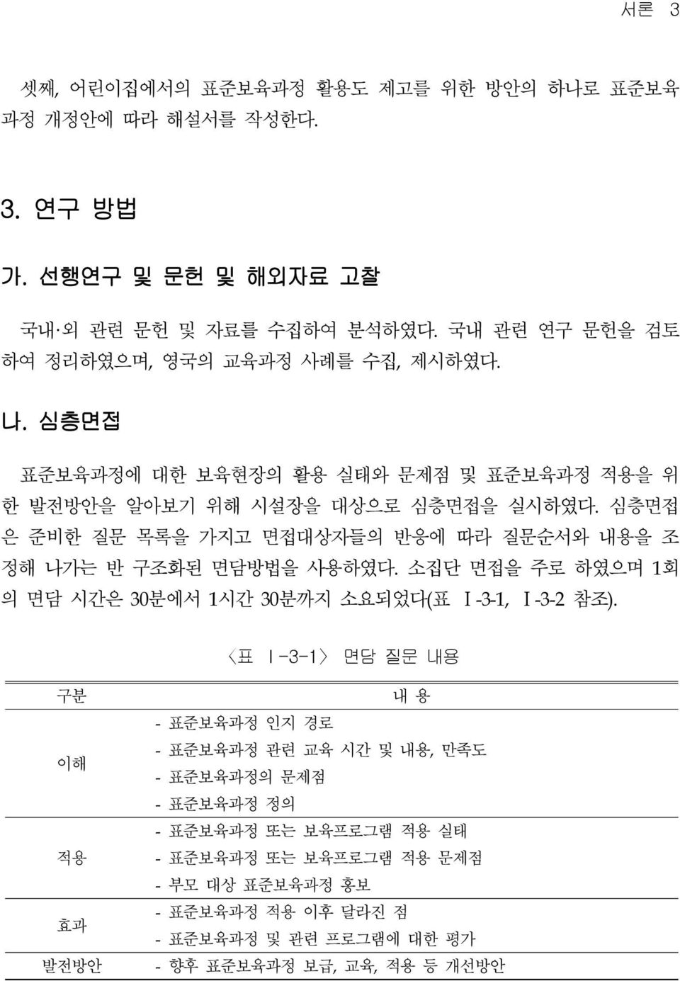 심층면접 은 준비한 질문 목록을 가지고 면접대상자들의 반응에 따라 질문순서와 내용을 조 정해 나가는 반 구조화된 면담방법을 사용하였다. 소집단 면접을 주로 하였으며 1회 의 면담 시간은 30분에서 1시간 30분까지 소요되었다(표 Ⅰ-3-1, Ⅰ-3-2 참조).