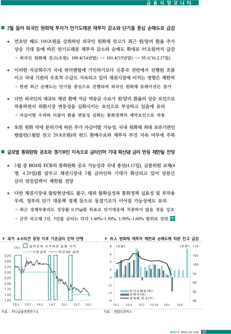 17일) 이러한 자금회수가 국내 펀더멘털에 기인하기보다 신흥국 전반에서 진행된 흐름 이고 국내 기관의 우호적 수급도 지속되고 있어 채권시장에 미치는 영향은 제한적 한편 최근 순매도는 단기물 중심으로 진행되며 외국인 원화채 듀레이션은 증가 다만 외국인의 대규모 채권 환매 자금 역송금 수요가 원/달러 환율의 상승 요인으로 작용하면서 외환시장 변동성을