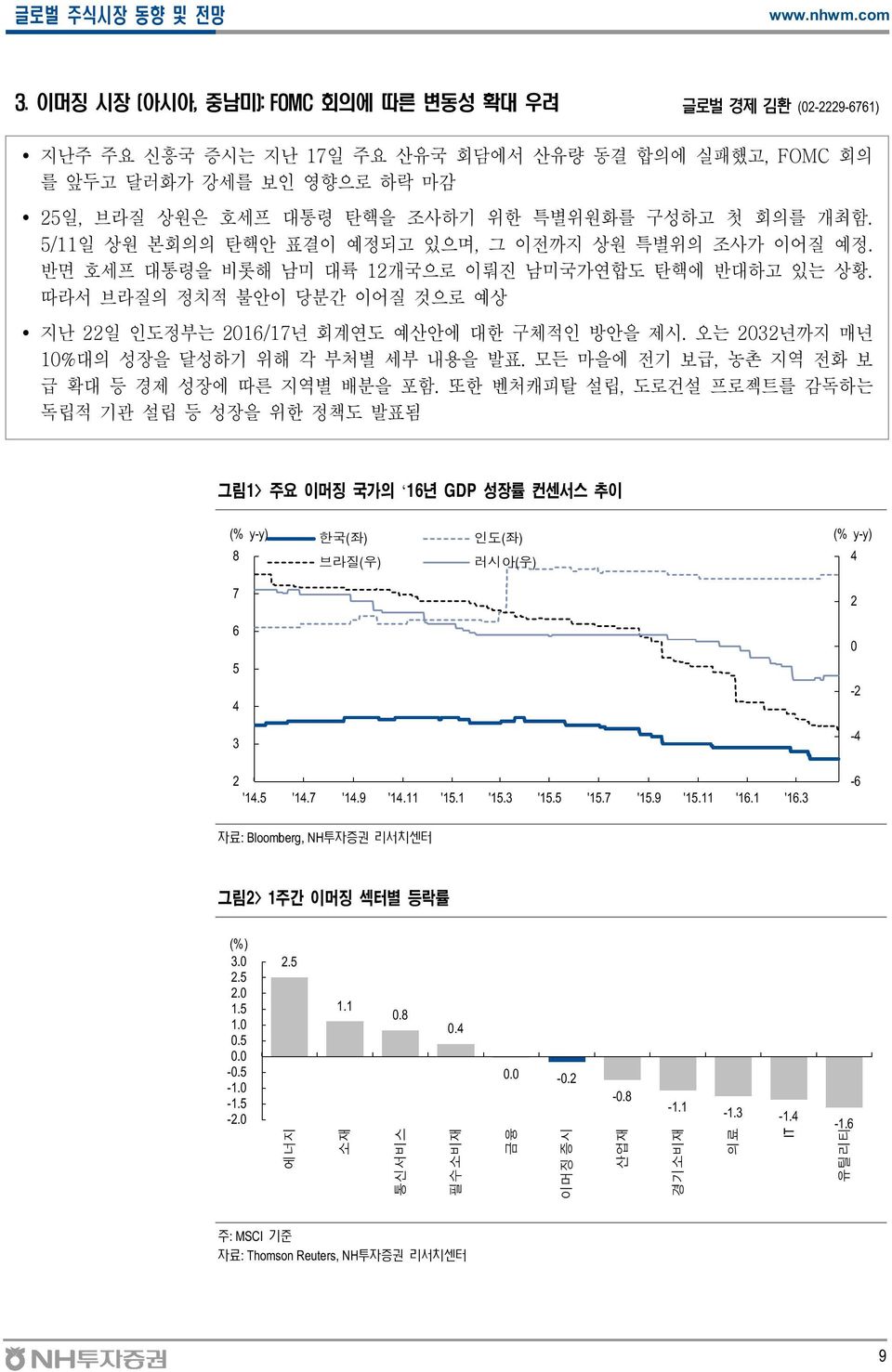 회의를 개최함. 5/11일 상원 본회의의 탄핵안 표결이 예정되고 있으며, 그 이전까지 상원 특별위의 조사가 이어질 예정. 반면 호세프 대통령을 비롯해 남미 대륙 12개국으로 이뤄진 남미국가연합도 탄핵에 반대하고 있는 상황.