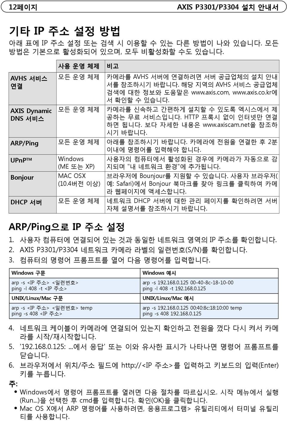 카메라를 신속하고 간편하게 설치할 수 있도록 엑시스에서 제 공하는 무료 서비스입니다. HTTP 프록시 없이 인터넷만 연결 하면 됩니다. 보다 자세한 내용은 www.axiscam.net을 참조하 시기 바랍니다. ARP/Ping 모든 운영 체제 아래를 참조하시기 바랍니다. 카메라에 전원을 연결한 후 2분 이내에 명령어를 입력해야 합니다.