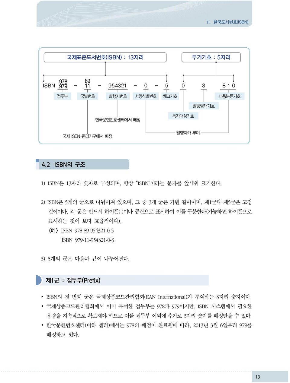 <예> ISBN 978-89-954321-0-5 ISBN 979-11-954321-0-3 3) 5개의 군은 다음과 같이 나누어진다.