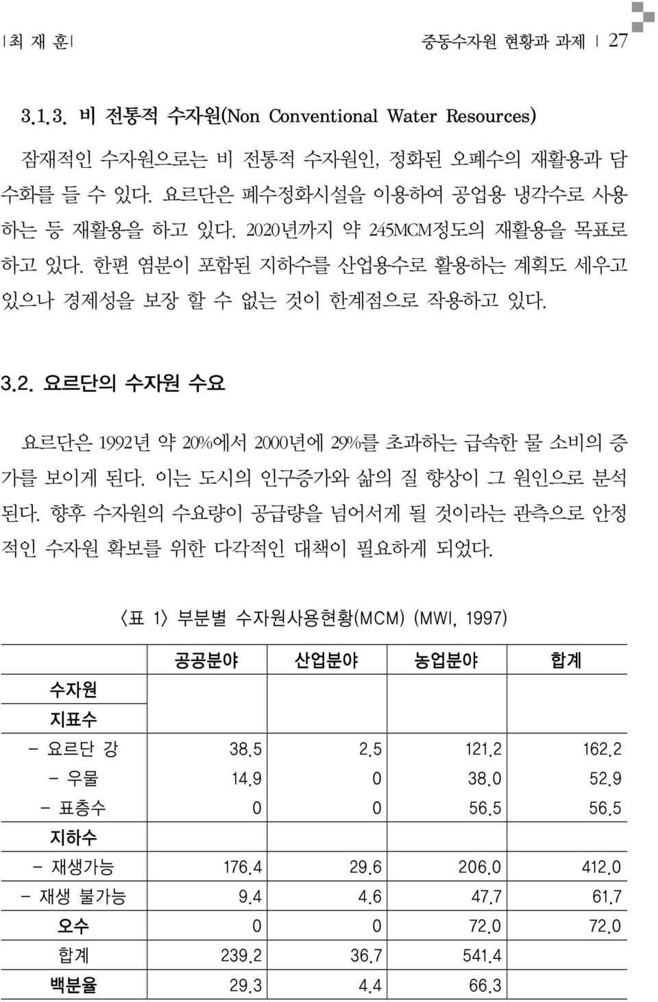 이는 도시의 인구증가와 삶의 질 향상이 그 원인으로 분석 된다. 향후 수자원의 수요량이 공급량을 넘어서게 될 것이라는 관측으로 안정 적인 수자원 확보를 위한 다각적인 대책이 필요하게 되었다.