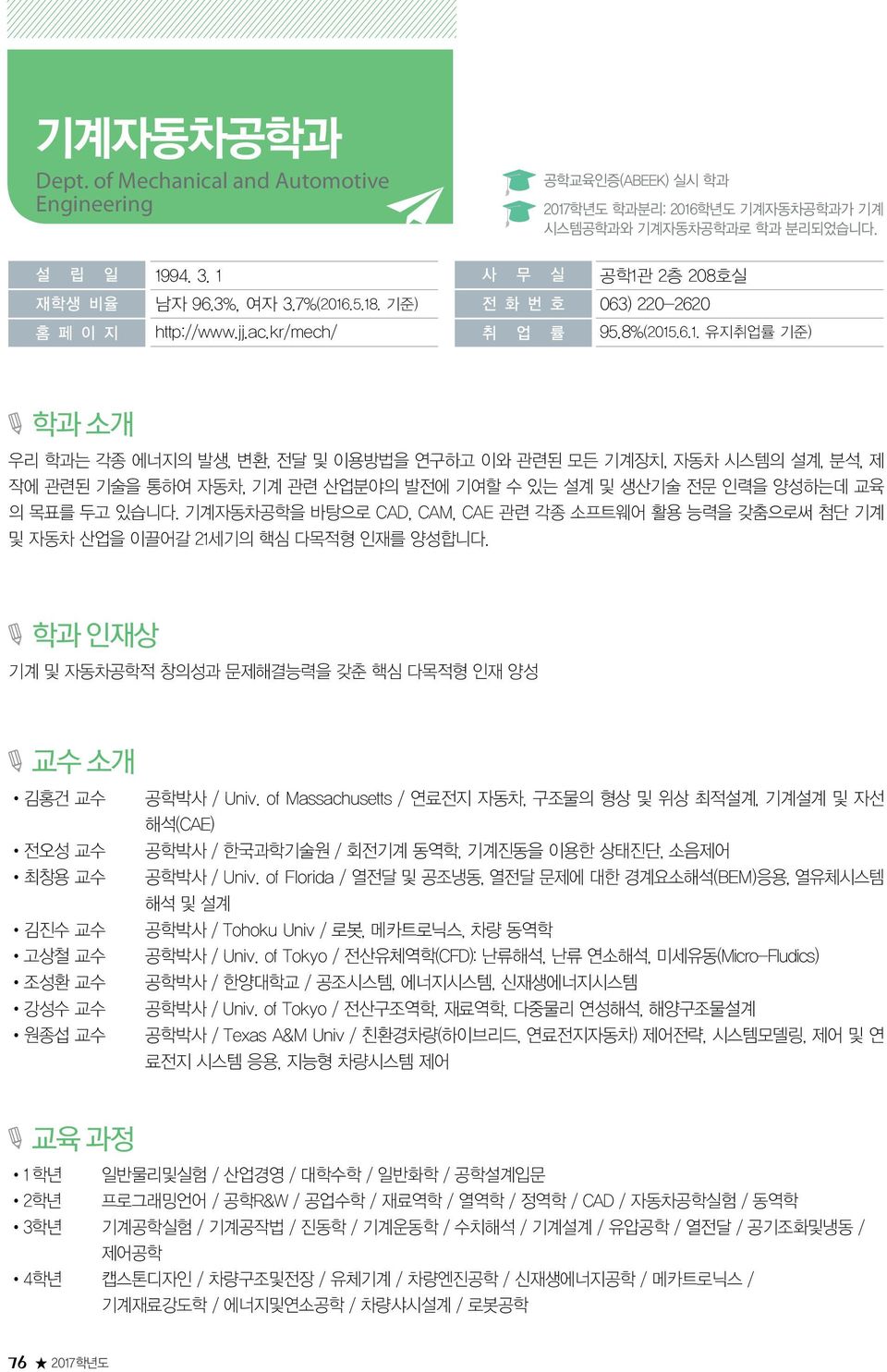 기계자동차공학을 바탕으로 CAD, CAM, CAE 관련 각종 소프트웨어 활용 능력을 갖춤으로써 첨단 기계 및 자동차 산업을 이끌어갈 21세기의 핵심 다목적형 인재를 양성합니다.