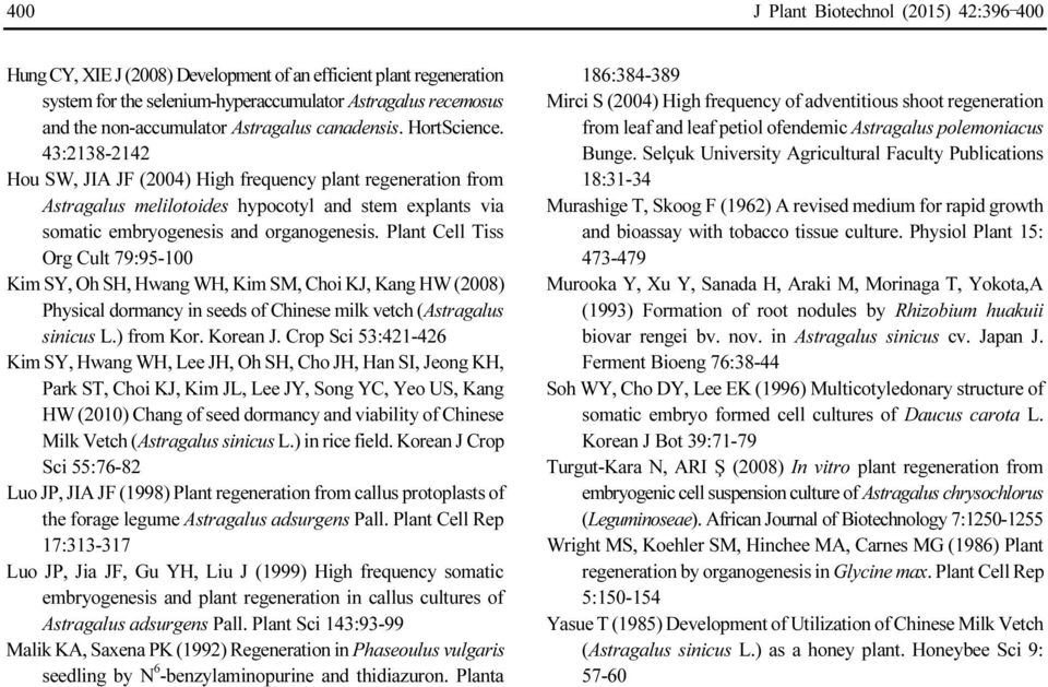 43:2138-2142 Hou SW, JIA JF (2004) High frequency plant regeneration from Astragalus melilotoides hypocotyl and stem explants via somatic embryogenesis and organogenesis.