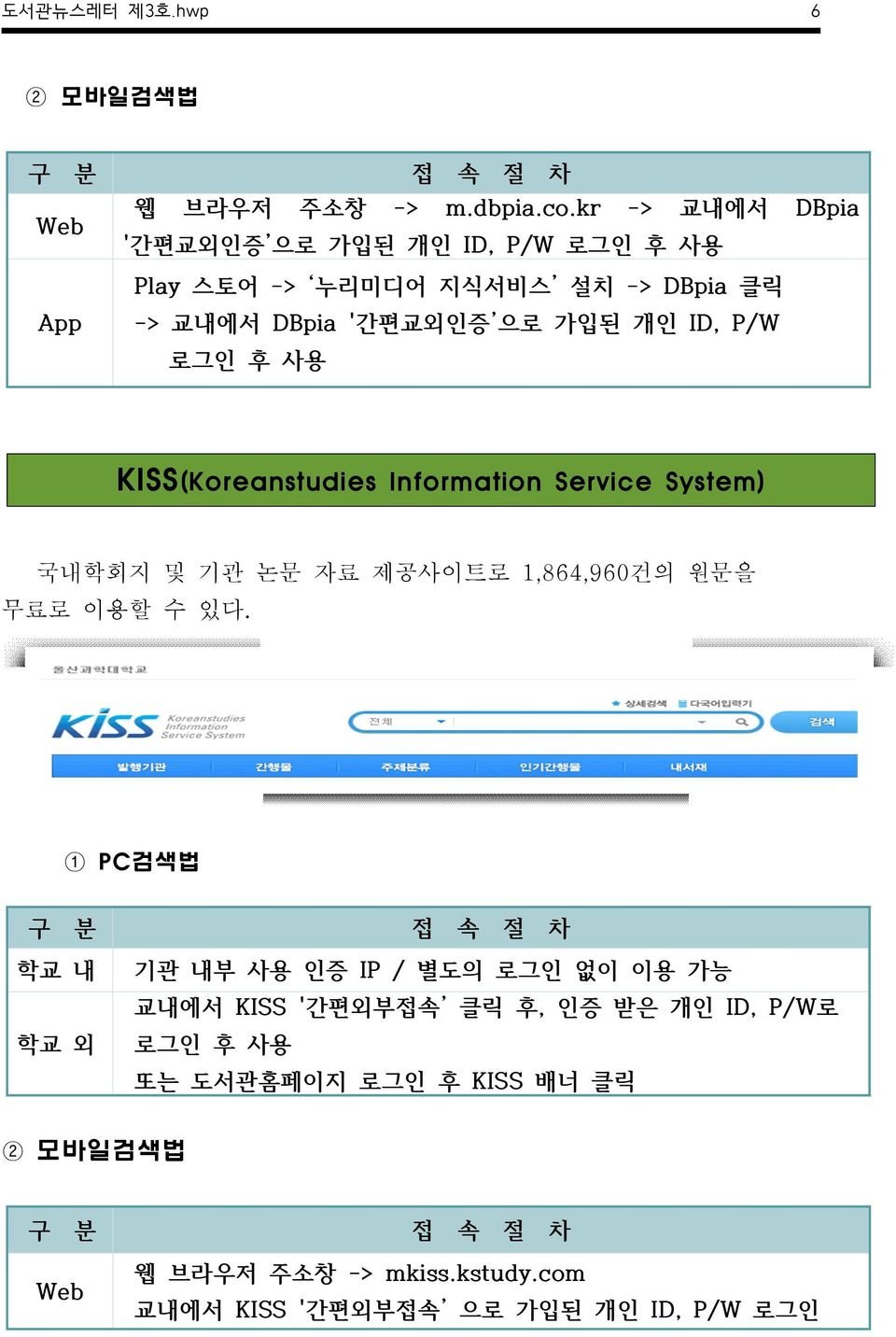 사용 KISS(Koreanstudies Information Service System) 국내학회지 및 기관 논문 자료 제공사이트로 1,864,960건의 원문을 무료로 이용할 수 있다.