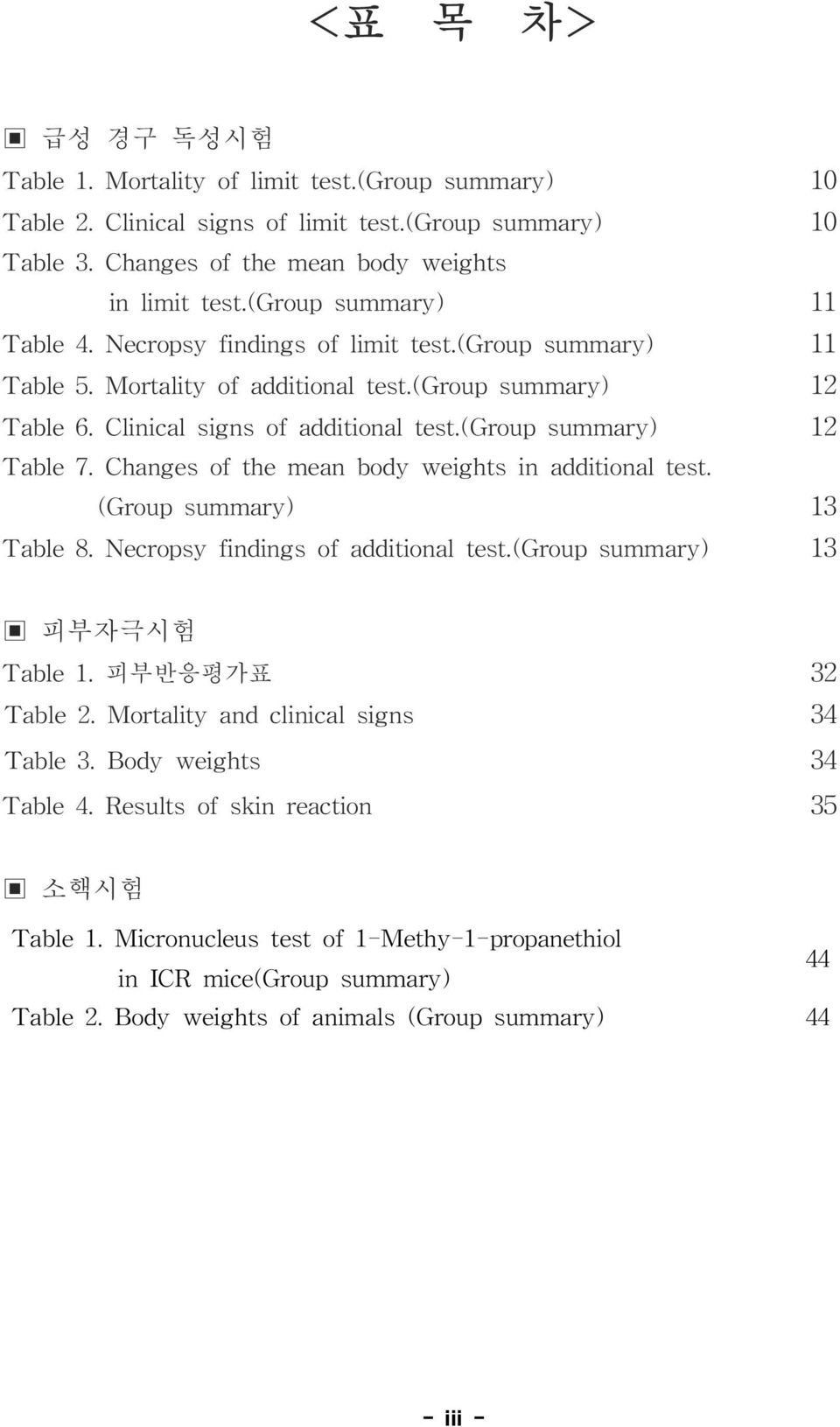 ( Group s ummary) 12 Table 7. C hang es of the mean bod y weig hts in ad ditional test. (Group summary) 13 Table 8. N ecropsy f inding s of additional tes t. ( Group summary) 13 피부자극시험 Table 1.
