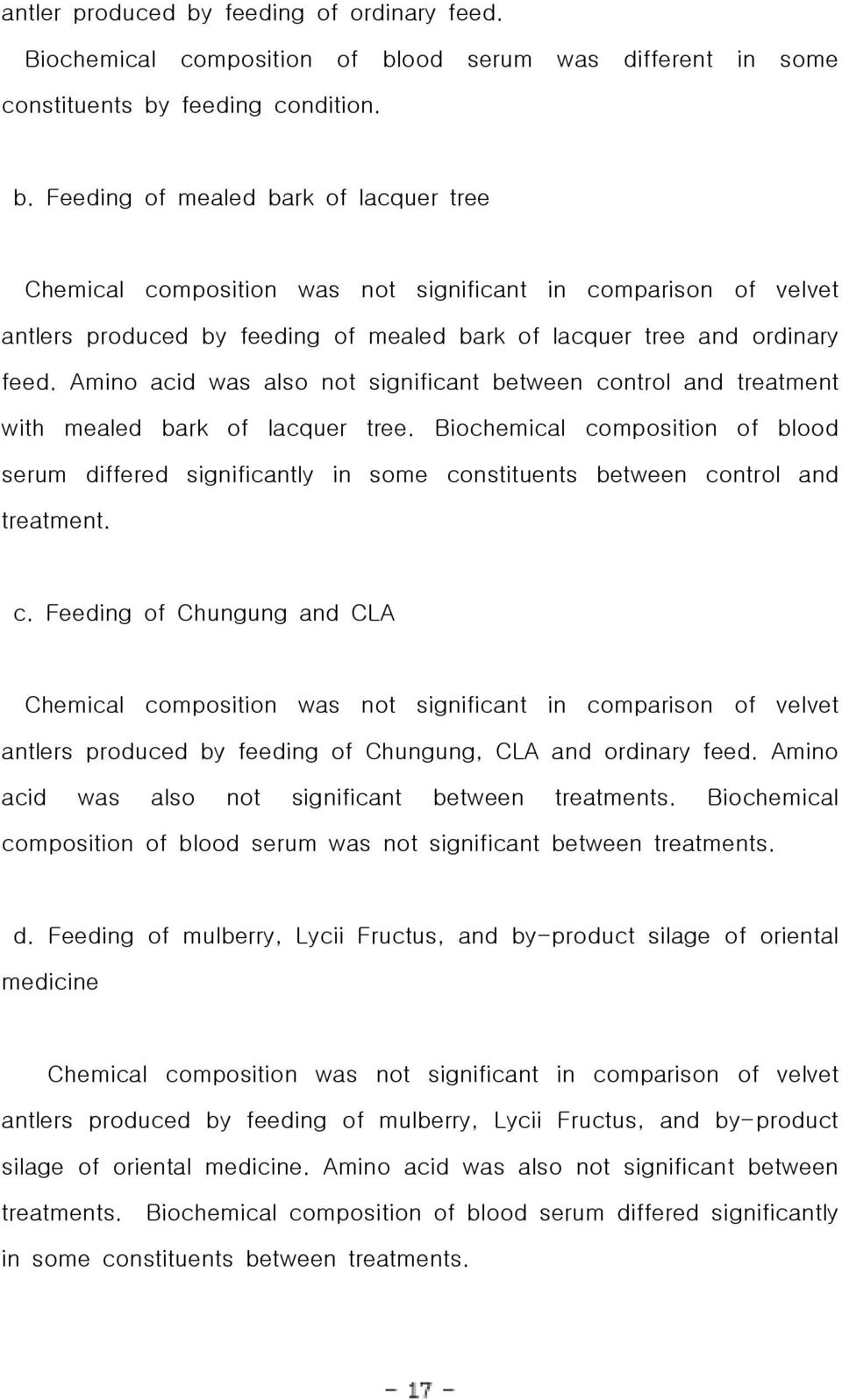 Biochemical composition of blood serum differed significantly in some constituents between control and treatment. c. Feeding of Chungung and CLA Chemical composition was not significant in comparison of velvet antlers produced by feeding of Chungung, CLA and ordinary feed.