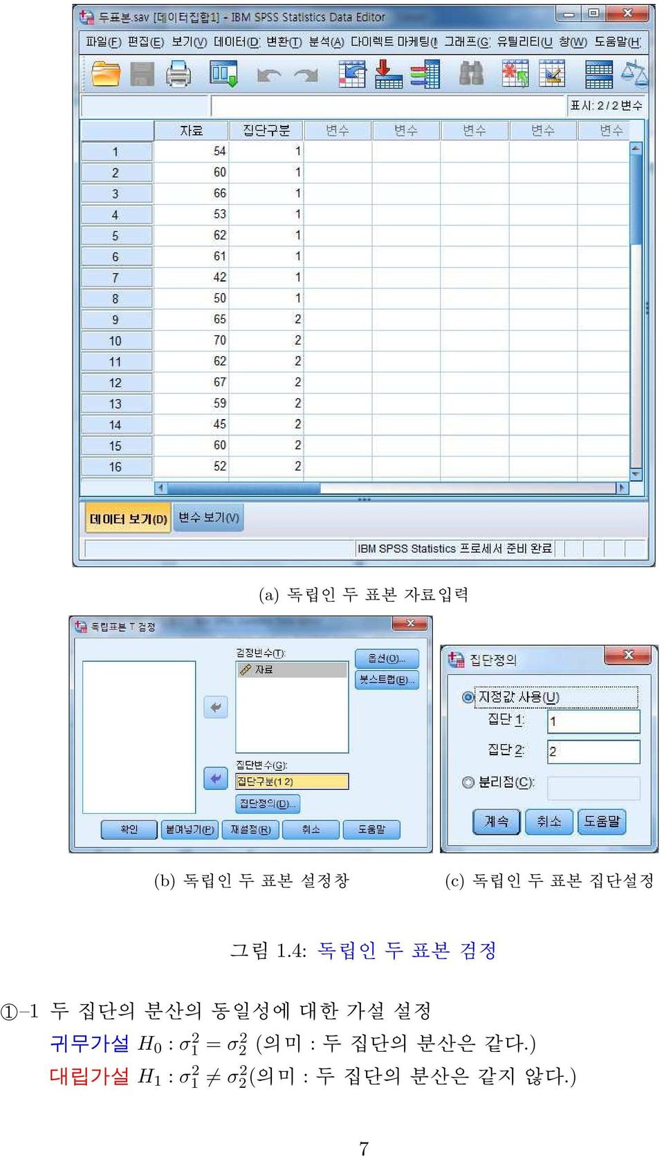 귀무가설 H 0 : σ 2 1 = σ2 2 (의미 :두집단의분산은같다.