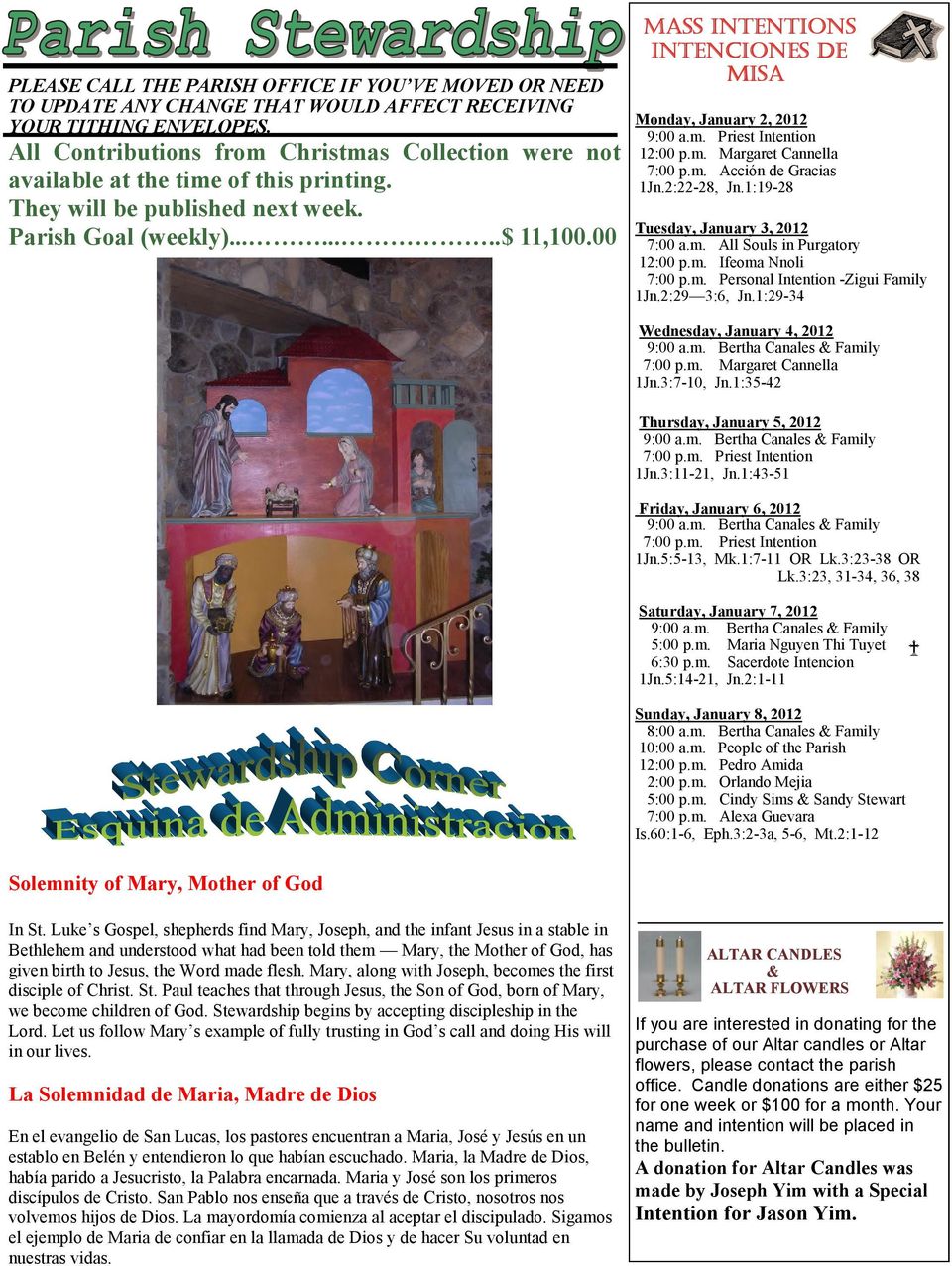 00 MASS INTENTIONS INTENCIONES DE MISA Monday, January 2, 2012 9:00 a.m. Priest Intention 12:00 p.m. Margaret Cannella 7:00 p.m. Acción de Gracias 1Jn.2:22-28, Jn.