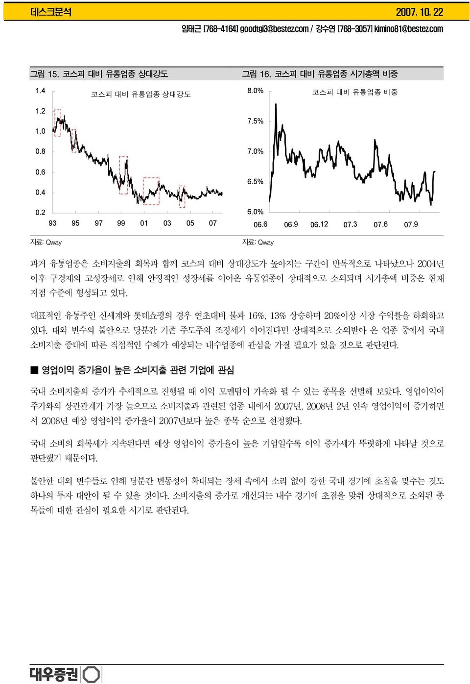 대표적인 유통주인 신세계와 롯데쇼핑의 경우 연초대비 불과 1%, 13% 상승하며 %이상 시장 수익률을 하회하고 있다. 대외 변수의 불안으로 당분간 기존 주도주의 조정세가 이어진다면 상대적으로 소외받아 온 업종 중에서 국내 소비지출 증대에 따른 직접적인 수혜가 예상되는 내수업종에 관심을 가질 필요가 있을 것으로 판단된다.