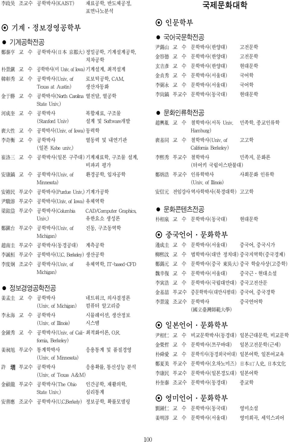 of Iowa)동력학 奇 衡 교 수 공학박사 열동력 및 내연기관 (일본 Kobe univ.) 崔 三 교 수 공학박사(일본 구주대) 기계재료학, 구조물 설계, 비파괴 평가 安 康 鎬 교 수 공학박사(Univ. of 환경공학, 입자공학 Minnesota) 安 裕 民 부교수 공학박사(Purdue 기계가공학 尹 駿 溶 부교수 공학박사(Univ.