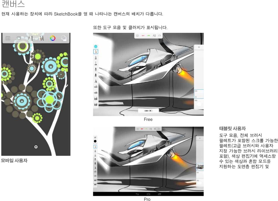 Free 모바일 사용자 태블릿 사용자 도구 모음, 전체 브러시 팔레트가 포함된 스크롤 가능한