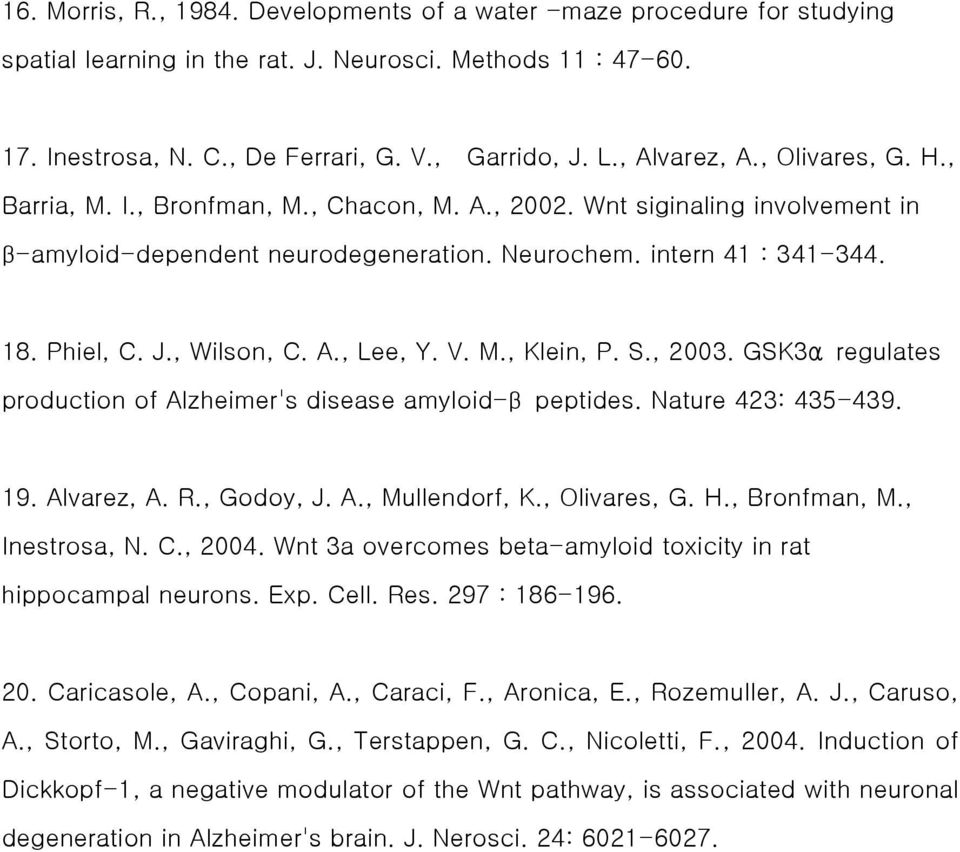 , Wilson, C. A., Lee, Y. V. M., Klein, P. S., 2003. GSK3α regulates production of Alzheimer's disease amyloid-β peptides. Nature 423: 435-439. 19. Alvarez, A. R., Godoy, J. A., Mullendorf, K.
