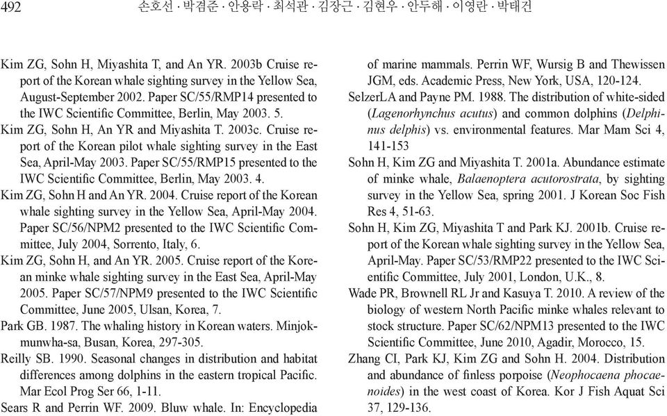 Cruise report of the Korean pilot whale sighting survey in the East Sea, April-May 2003. Paper SC/55/RMP15 presented to the IWC Scientific Committee, Berlin, May 2003. 4. Kim ZG, Sohn H and An YR.