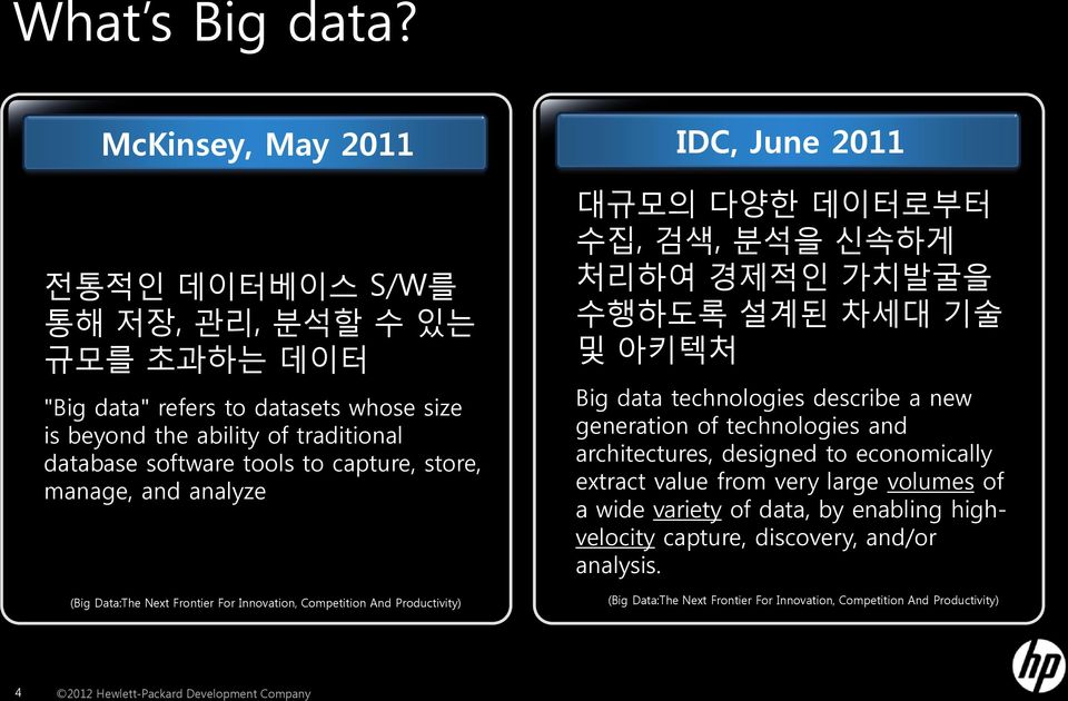 store, manage, and analyze (Big Data:The Next Frontier For Innovation, Competition And Productivity) IDC, June 2011 대규모의 다양핚 데이터로부터 수집, 검색, 붂석을 싞속하게 처리하여 경제적인 가치발굴을 수행하도록 설계된 차세대 기술 및