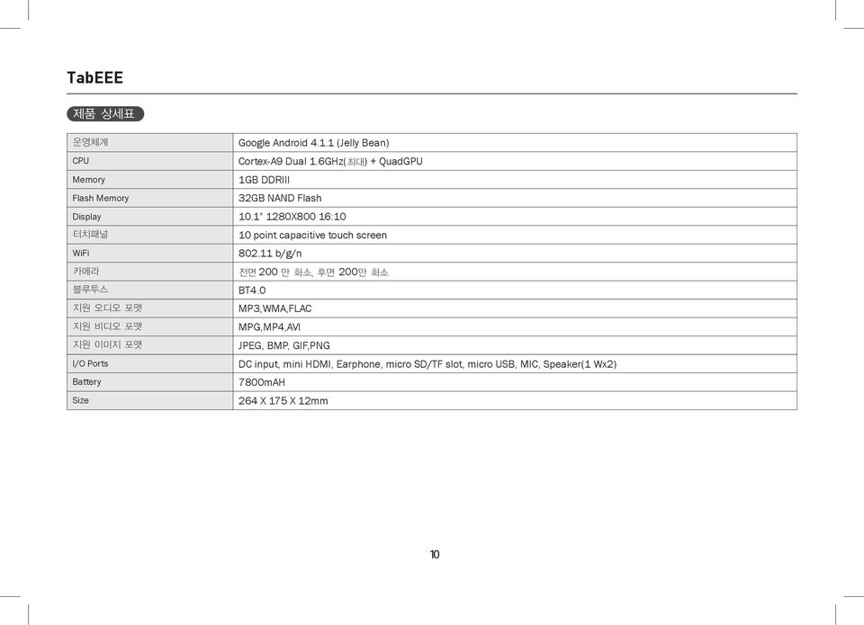 1" 1280X800 16:10 터치패널 10 point capacitive touch screen WiFi 802.11 b/g/n 카메라 전면 200 만 화소, 후면 200만 화소 블루투스 BT4.