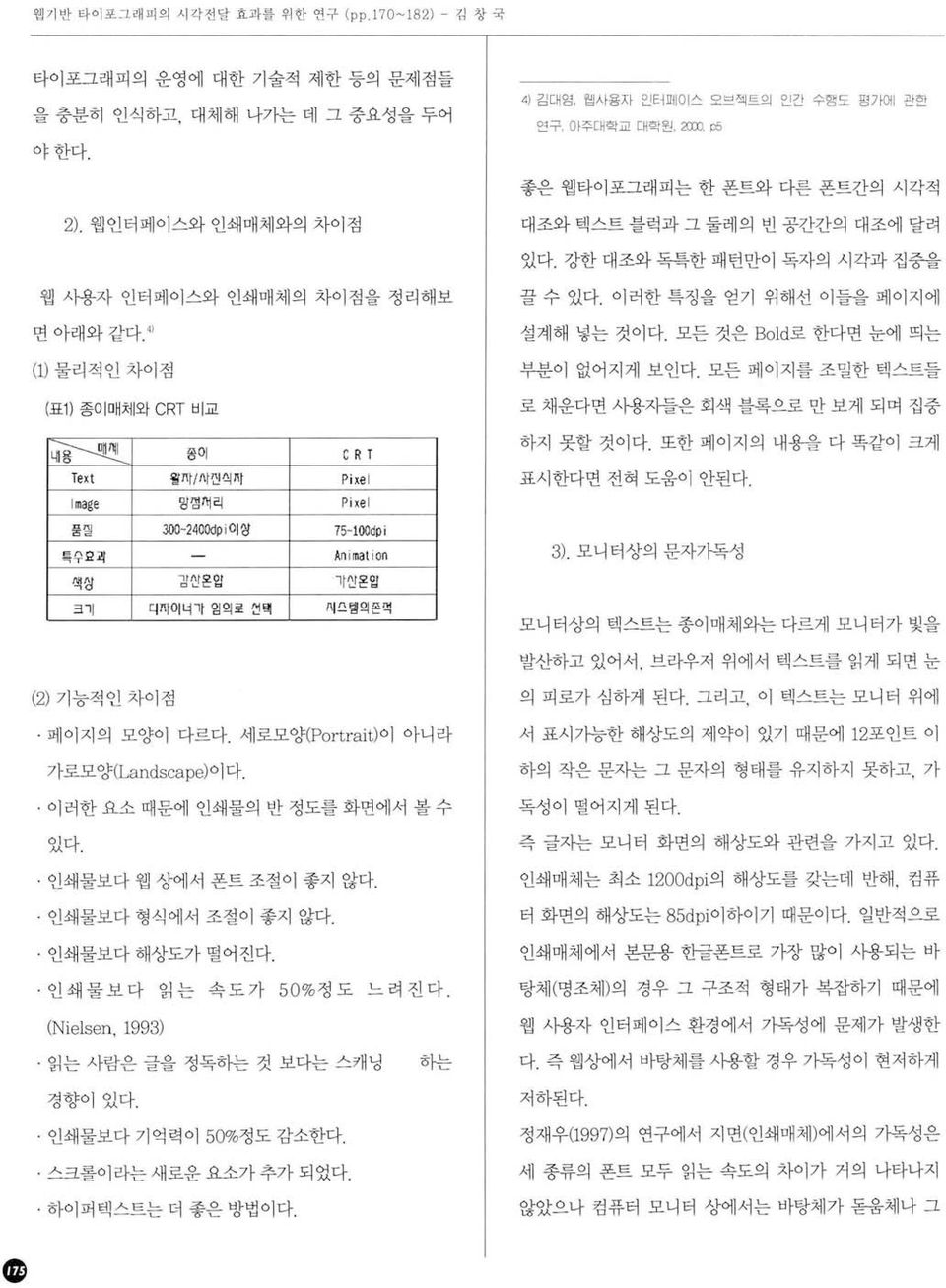 이러한 특정을 얻기 위해선 이들을 페이지에 면아래와같다 4) (1) 물리적인 차이점 (표 1 ) 종이매체와 CRT 비교 끓맨 용이 C R T Text 훨 11~ / N낀익 11~ Pi xe l Image 밍펌깨리 Pixe l 웅낄 왜0-240 Od p i 이 잉 75-100dpi 특우 g 괴 Animat ion 설계해 넣는 것이다.