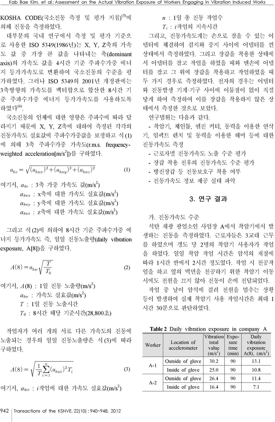 frequencyweighted acceleration[m/s 2 ])를 구하였다.