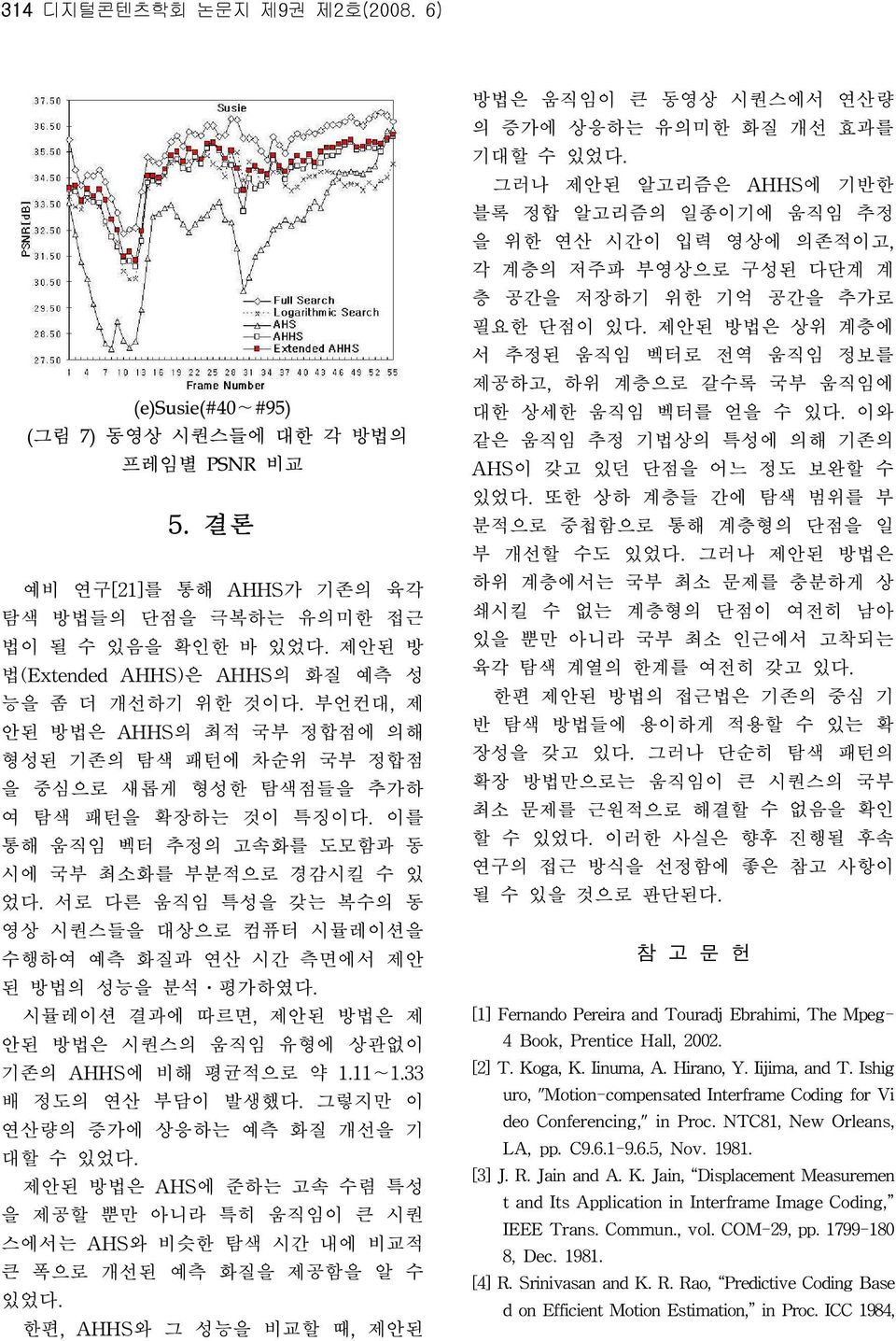 이를 통해 움직임 벡터 추정의 고속화를 도모함과 동 시에 국부 최소화를 부분적으로 경감시킬 수 있 었다. 서로 다른 움직임 특성을 갖는 복수의 동 영상 시퀀스들을 대상으로 컴퓨터 시뮬레이션을 수행하여 예측 화질과 연산 시간 측면에서 제안 된 방법의 성능을 분석 평가하였다.