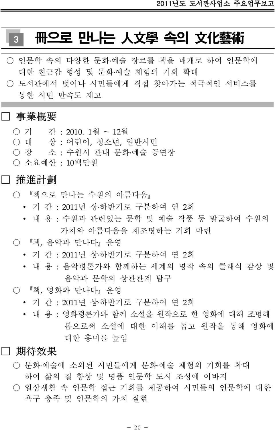 재조명하는 기회 마련 책, 음악과 만나다 운영 기 간 : 2011년 상 하반기로 구분하여 연 2회 내 용 : 음악평론가와 함께하는 세계의 명작 속의 클래식 감상 및 음악과 문학의 상관관계 탐구 책, 영화와 만나다 운영 기 간 : 2011년 상 하반기로 구분하여 연 2회 내 용 : 期 待 效 果 영화평론가와