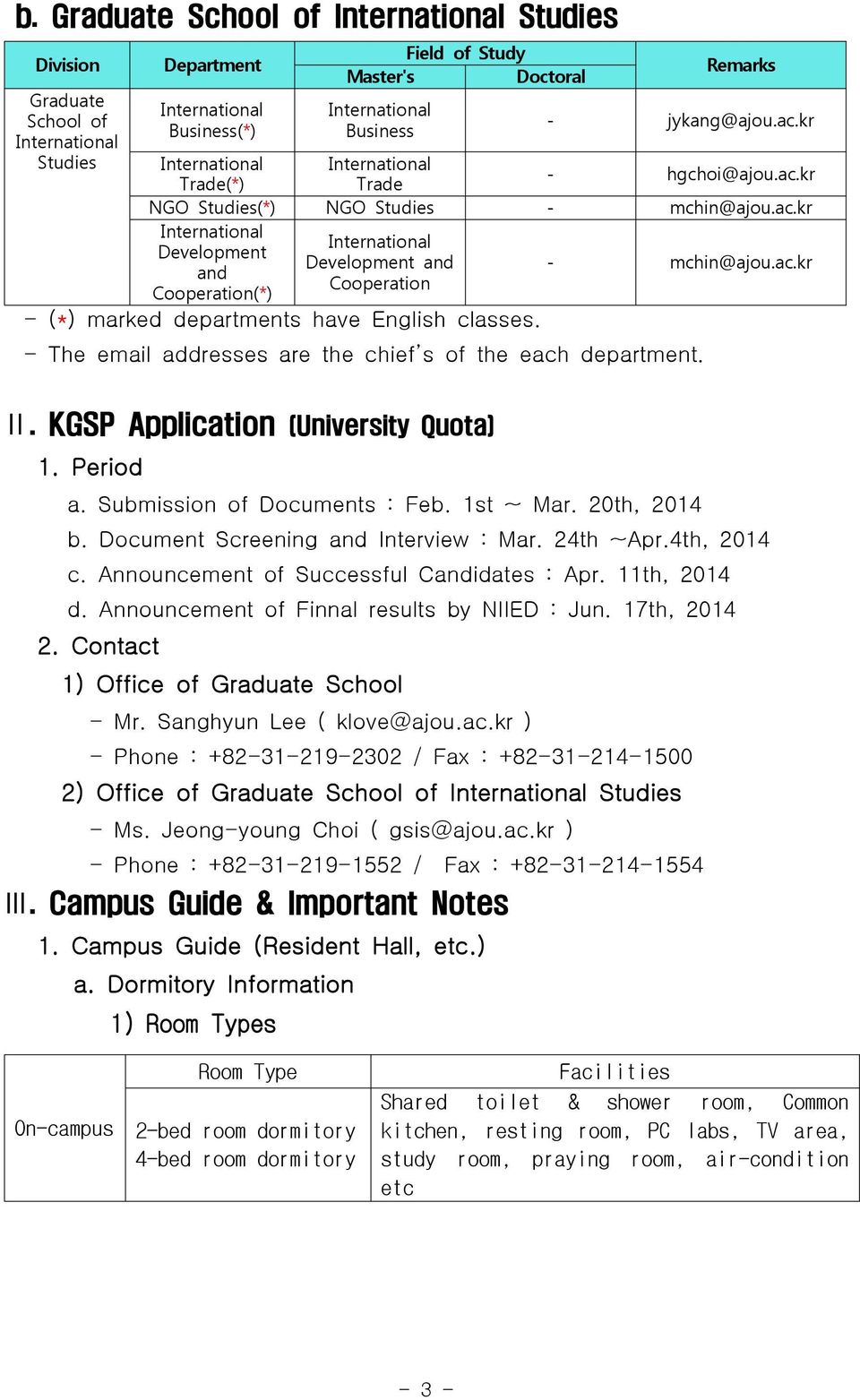 - The email addresses are the chief s of the each department. Ⅱ. KGSP Application (University Quota) 1. Period a. Submission of Documents : Feb. 1st ~ Mar. 20th, 2014 b.