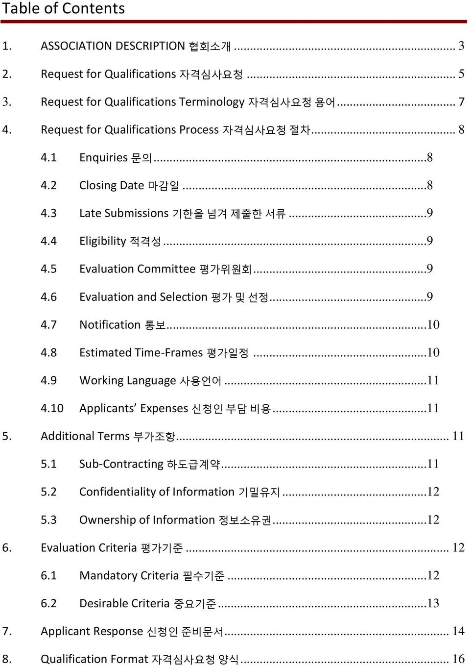 ..9 4.7 Notification 통보...10 4.8 Estimated Time-Frames 평가일정...10 4.9 Working Language 사용언어...11 4.10 Applicants Expenses 신청인 부담 비용...11 5. Additional Terms 부가조항... 11 5.1 Sub-Contracting 하도급계약...11 5.2 Confidentiality of Information 기밀유지.