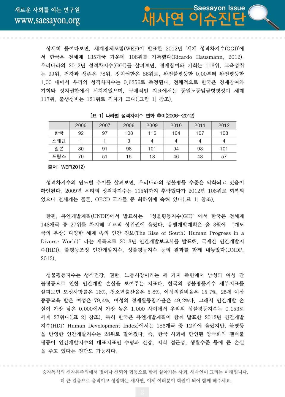 전체적으로 한국은 경제참여와 기회와 정치권한에서 뒤쳐져있으며, 구체적인 지표에서는 동일노동임금형평성이 세계 117 위, 출생성비는 121 위로 격차가 크다([ 그림 1] 참조).