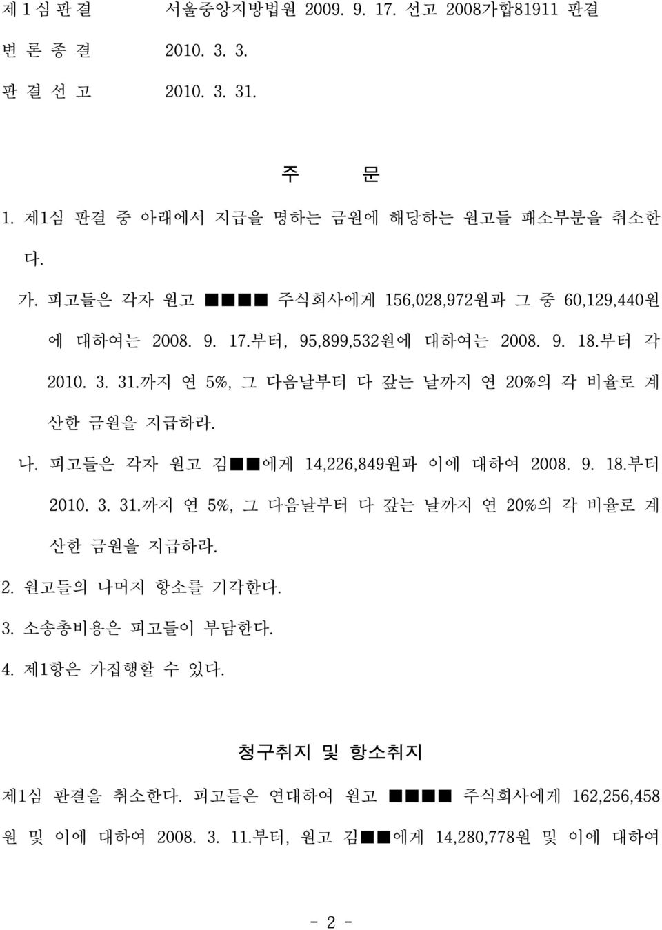 까지 연 5%, 그 다음날부터 다 갚는 날까지 연 20%의 각 비율로 계 산한 금원을 지급하라. 나. 피고들은 각자 원고 김 에게 14,226,849원과 이에 대하여 2008. 9. 18.부터 2010. 3. 31.