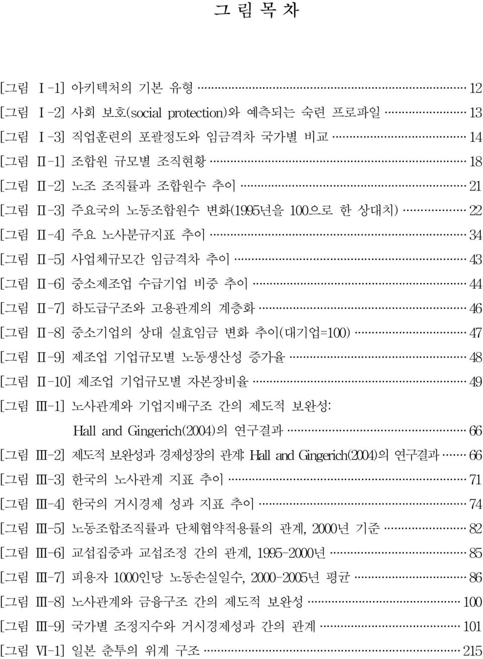 Ⅱ-10]제조업 기업규모별 자본장비율 49 [그림 Ⅲ-1]노사관계와 기업지배구조 간의 제도적 보완성: HalandGingerich(2004)의 연구결과 66 [그림 Ⅲ-2]제도적 보완성과 경제성장의 관계:HalandGingerich(2004)의 연구결과 66 [그림 Ⅲ-3]한국의 노사관계 지표 추이 71 [그림 Ⅲ-4]한국의 거시경제 성과 지표 추이 74