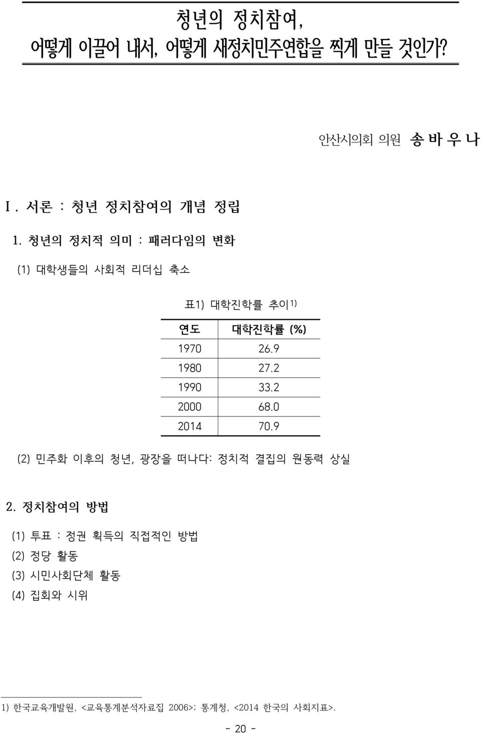 2 1990 33.2 2000 68.0 2014 70.9 (2) 민주화 이후의 청년, 광장을 떠나다: 정치적 결집의 원동력 상실 2.