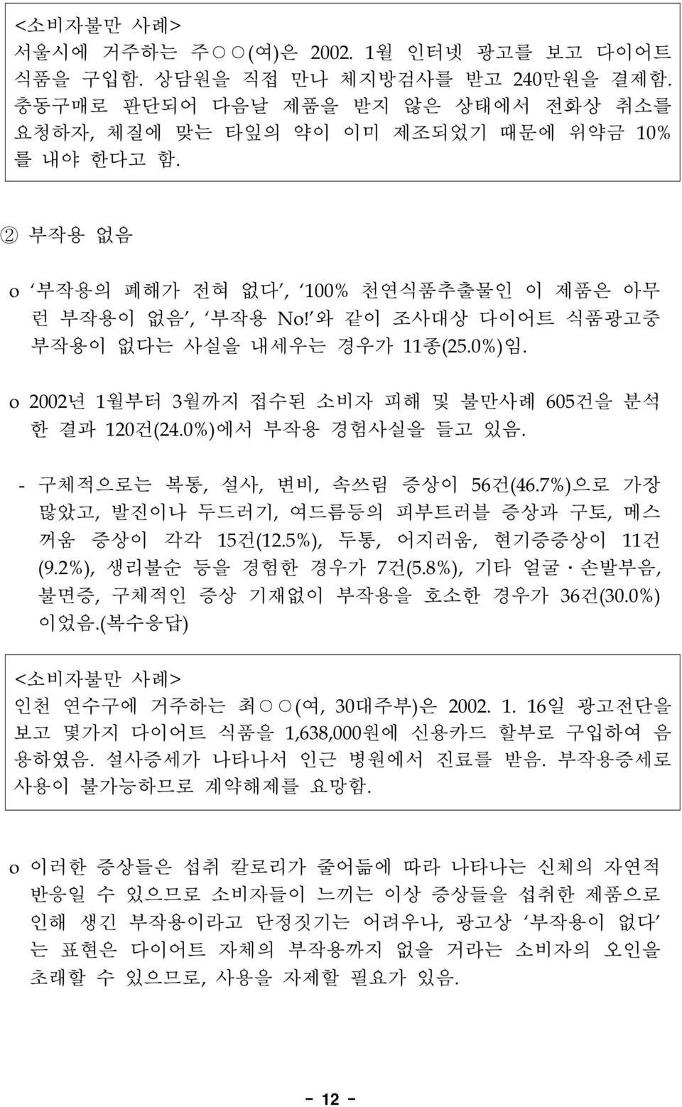 0%)에서 부작용 경험사실을 들고 있음. - 구체적으로는 복통, 설사, 변비, 속쓰림 증상이 56건(46.7%)으로 가장 많았고, 발진이나 두드러기, 여드름등의 피부트러블 증상과 구토, 메스 꺼움 증상이 각각 15건(12.5%), 두통, 어지러움, 현기증증상이 11건 (9.2%), 생리불순 등을 경험한 경우가 7건(5.