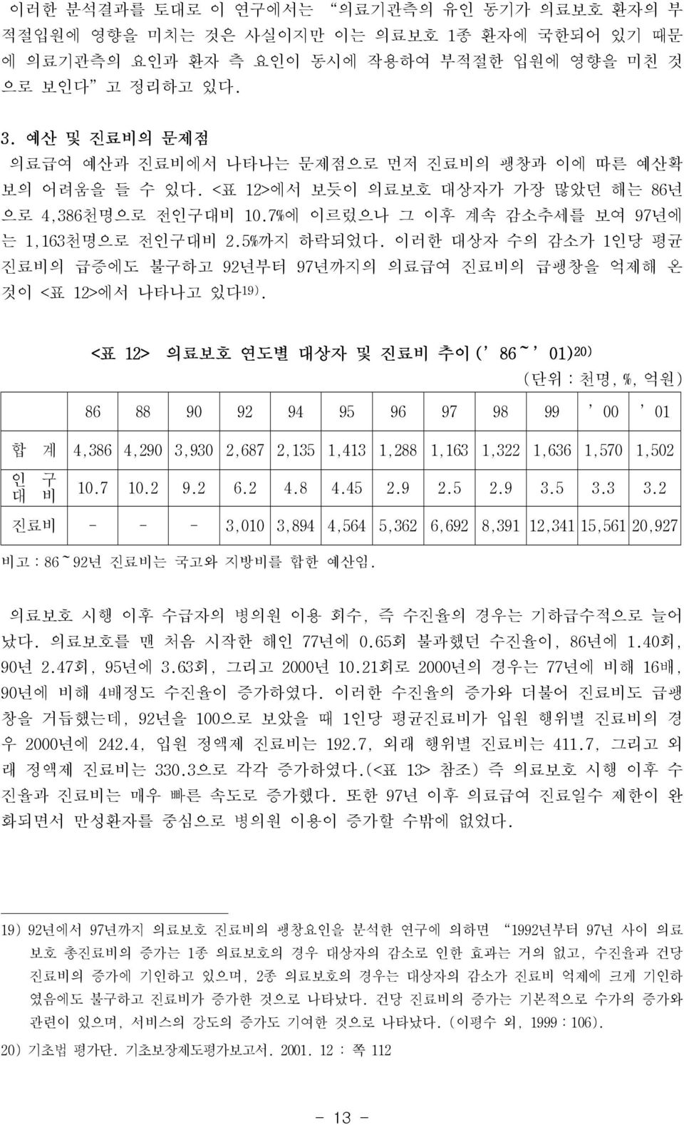 이러한 대상자 수의 감소가 1인당 평균 진료비의 급증에도 불구하고 92년부터 97년까지의 의료급여 진료비의 급팽창을 억제해 온 것이 <표 12>에서 나타나고 있다 19).